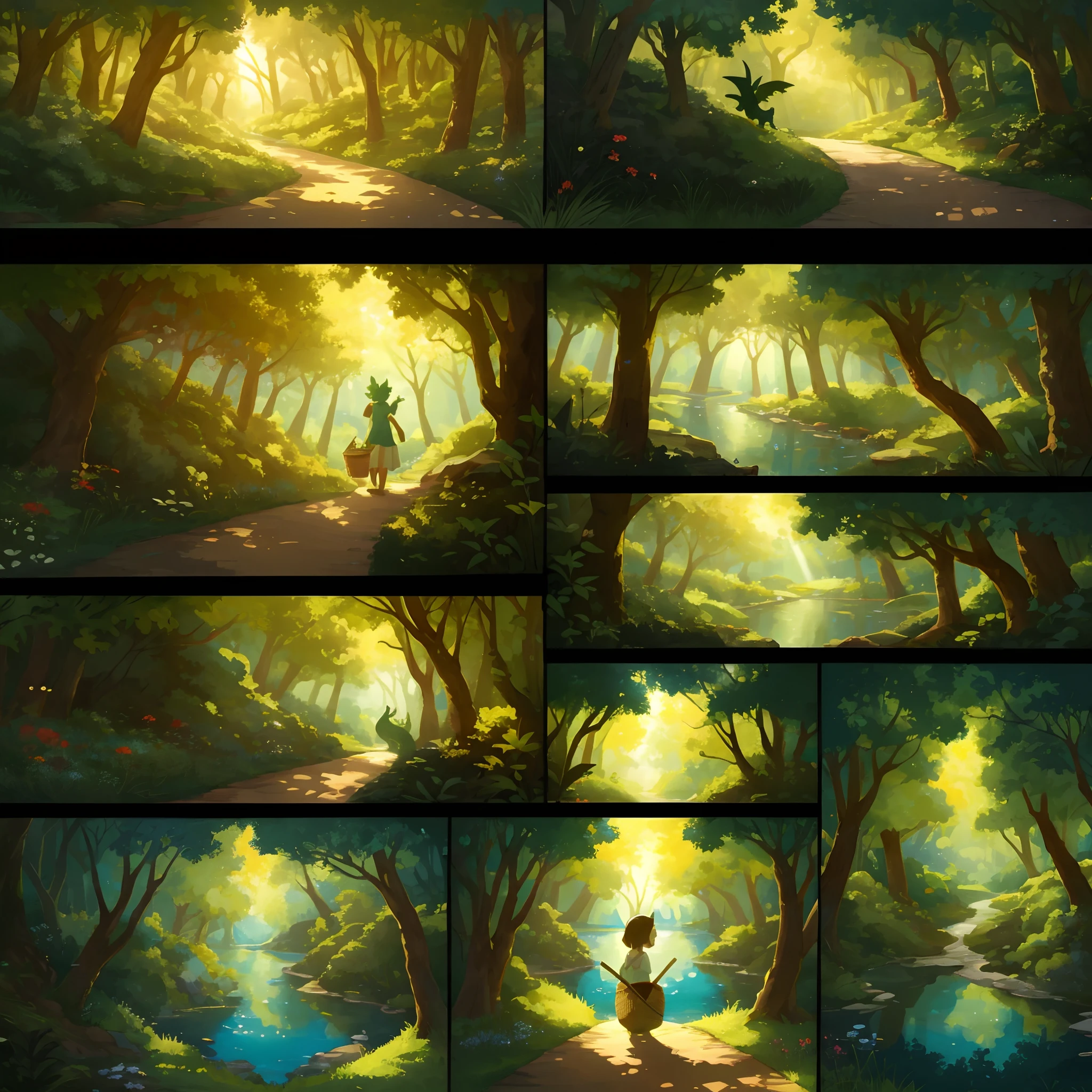 6-panel cartoon, 1. A forest with sunlight shining through, 2. A narrow path leading to the depths of the forest, 3. The back of a girl with a basket, 4. A small dragon peeking out of a beautiful lake, 5. The girl and the dragon looking at each other, 6. The girl reaching out to the dragon,