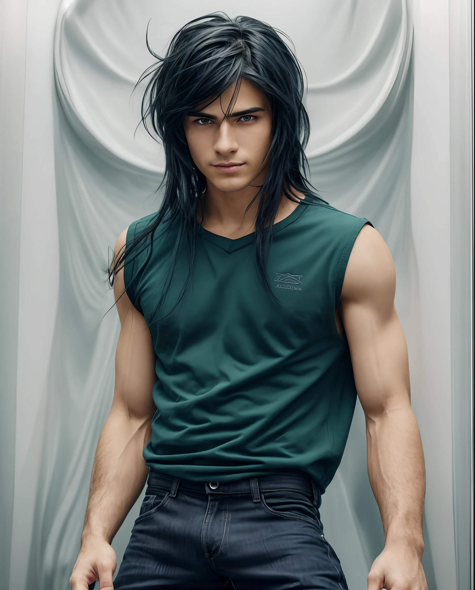 full-body men. He's a medium-height young man, standing at approximately 5 feet 9 inches (175 centimeters), giving him a noticeable presence. His skin is flawlessly clear, with a subtle sun-kissed tan that enhances the beauty of his facial features. His face is oval and symmetrically balanced, with well-defined eyebrows that accentuate his deep, sky-blue eyes. His eyes have a profound and mysterious shade of blue, with long eyelashes that further emphasize them. The irises seem to shimmer with energy and curiosity, reflecting the intensity of his emotions. His nose is straight and delicately sculpted, harmonizing perfectly with his visage. The ager keeps his black hair short, with a clean-cut style that enhances his broad forehead. The smooth texture of his hair gives a carefully groomed and modern appearance. His smile is radiant, revealing White. is wearing a black suit Cinematic realistic portrait, bonito rosto detalhado, rosto realista altamente detalhado, Rosto altamente detalhado de 8k, retrato de rosto detalhado realista, 8k portrait render, sharp high detail face, realistic face moody lighting, rosto realista detalhado, rosto realista humano, Retrato VFX altamente detalhado, rosto detalhado e realista, rosto realista e detalhado