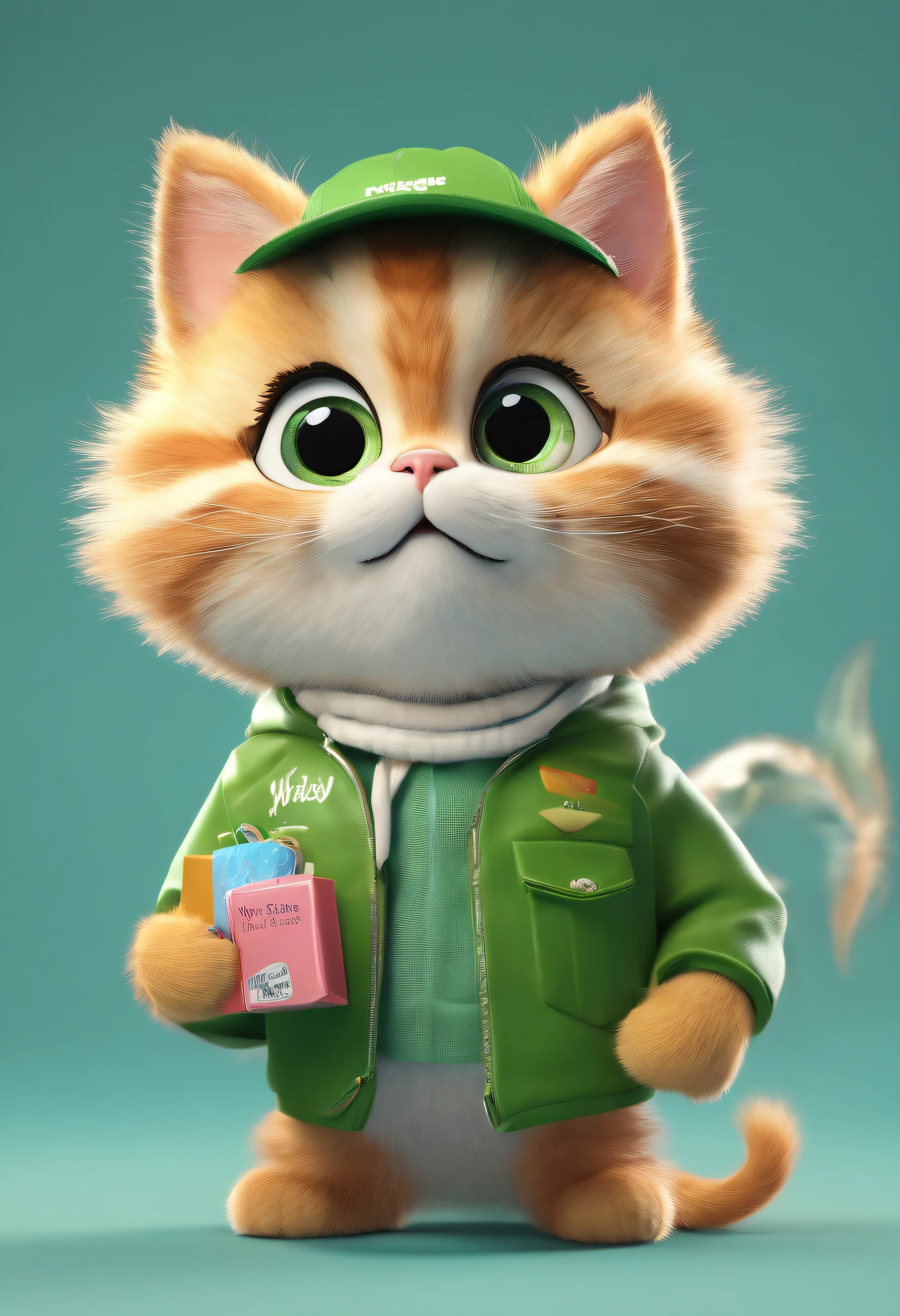 (best quality,4k,8k,highres,masterpiece:1.2), ultra-detailed, realistic:1.37,
big-eyed cute cat, adorable kitten, fluffy white fur, dressed in green trucker clothes, holding boxes in hands, wearing a cap