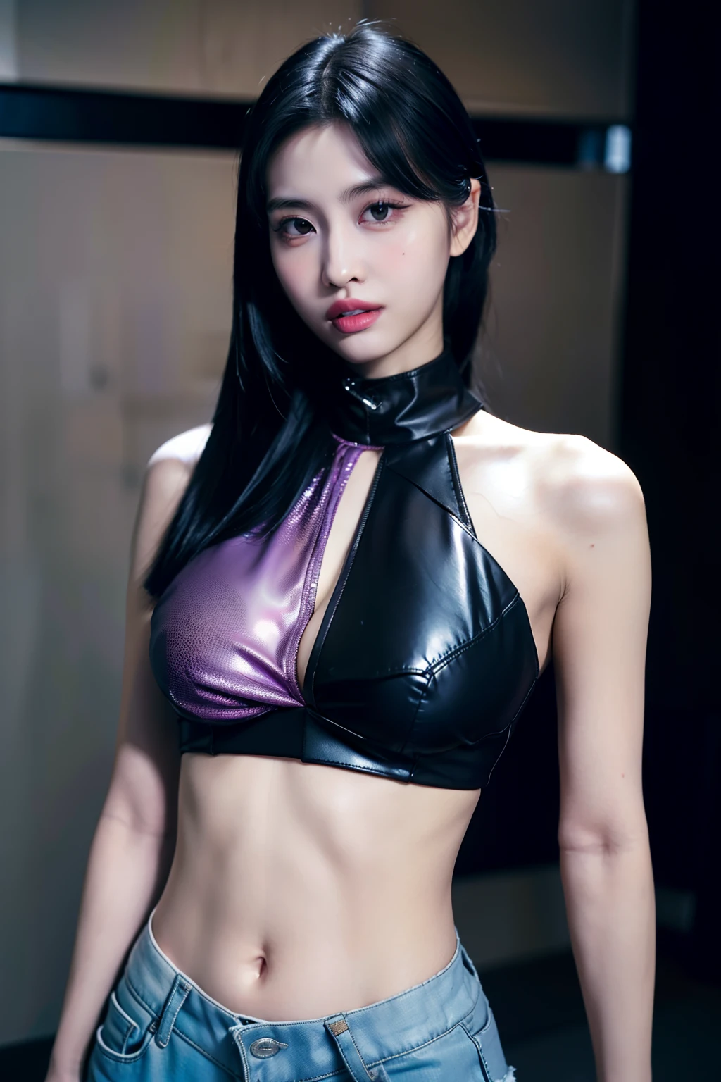 Asian girl with purple shimmering headphones, black hair with shiny gray highlights, with black clothes underneath a gray crop top full of chain, clothes a little torn, light stains of blood and purple goo, Valencia face