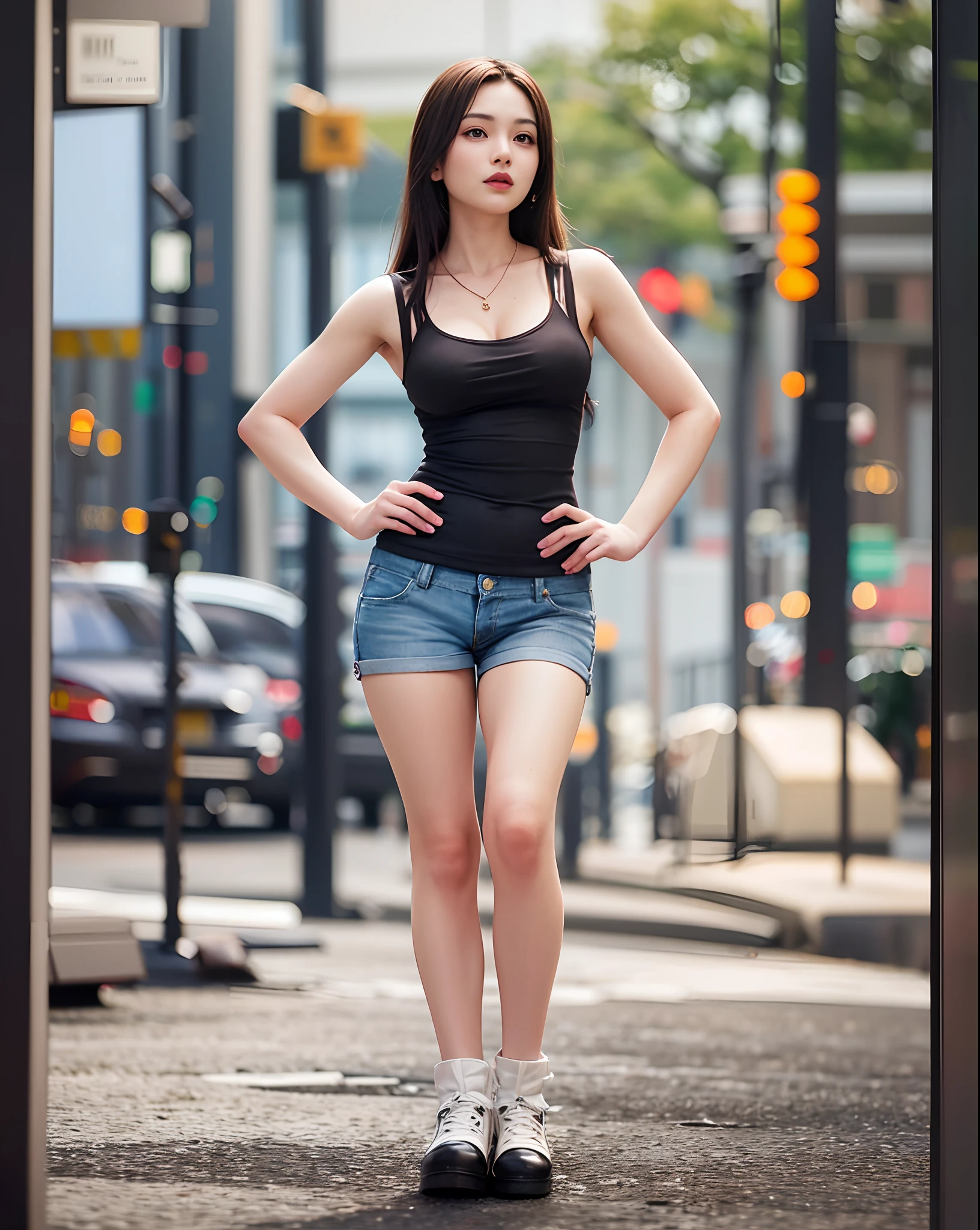 arafed woman in green top and denim shorts standing on a road, photo of slim girl model, beautiful girl model, beautiful model girl, photo of slim girl, lovely woman, casual photography, fashion model, chinese girl, very beautiful girl, beautiful model, woman model, handsome girl, young asian girl, pretty girl, wonderful, breast cleavage, age 16