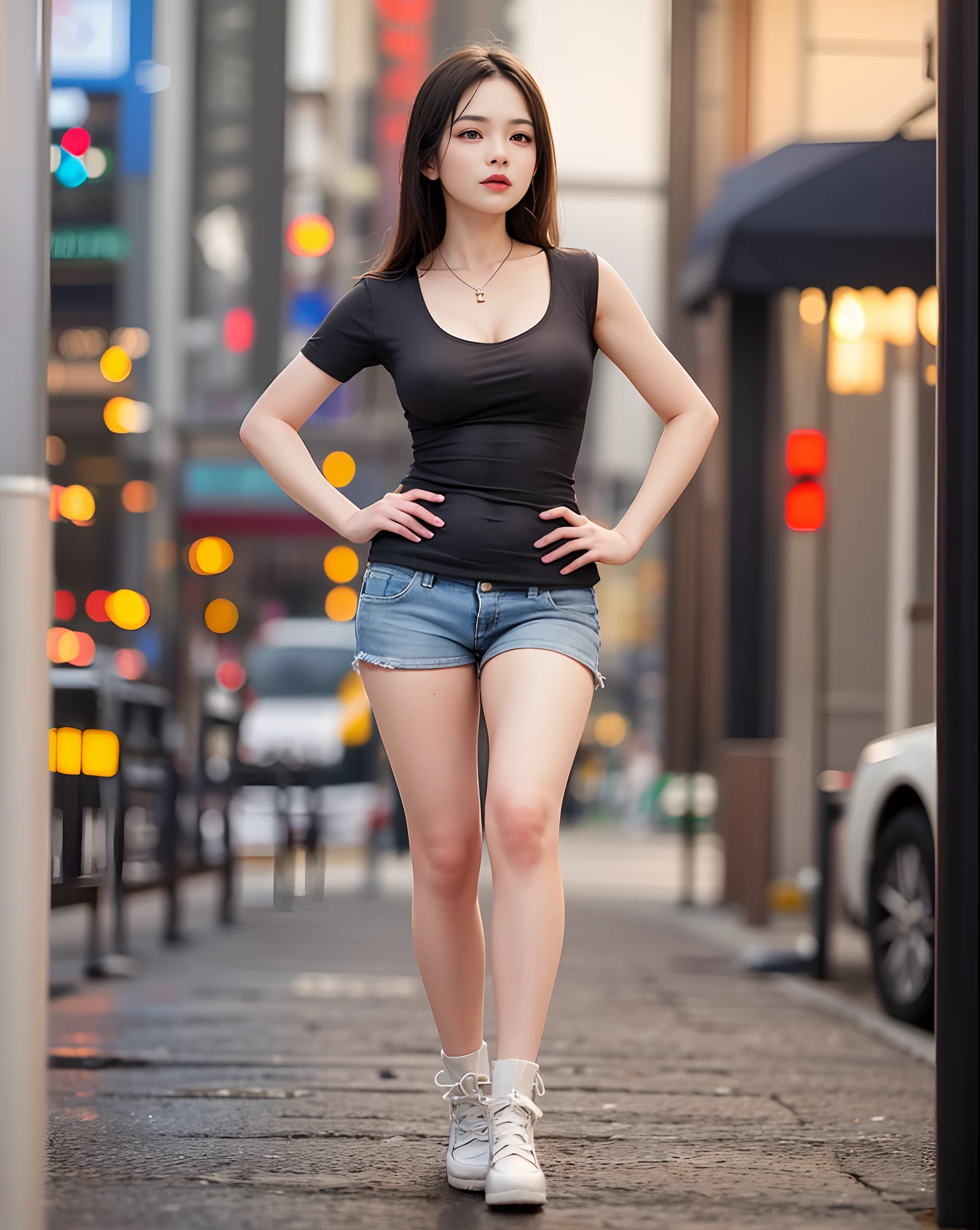 arafed woman in green top and denim shorts standing on a road, photo of slim girl model, beautiful girl model, beautiful model girl, photo of slim girl, lovely woman, casual photography, fashion model, chinese girl, very beautiful girl, beautiful model, woman model, handsome girl, young asian girl, pretty girl, wonderful, breast cleavage, 