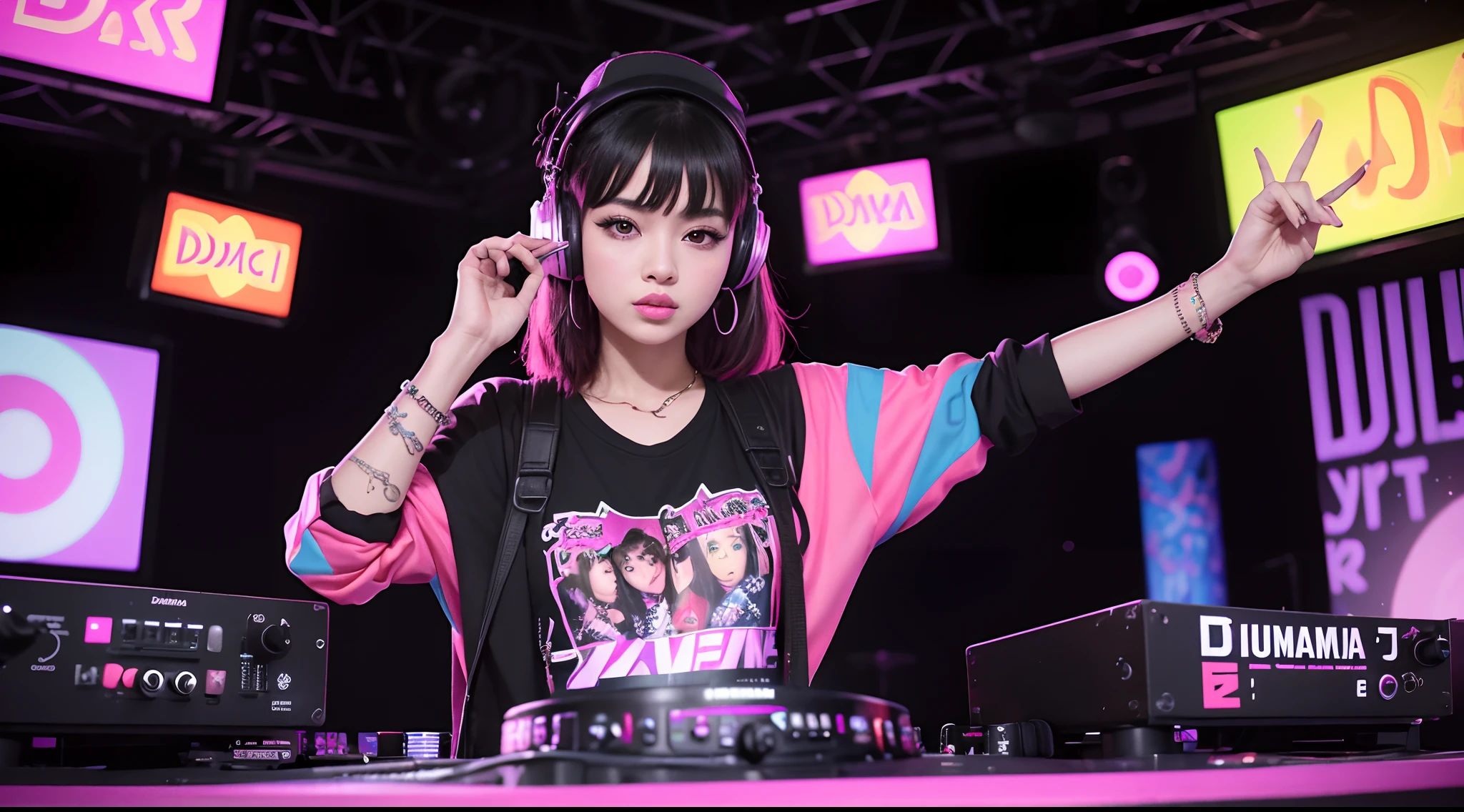There's a woman standing in front of a DJ set, an album cover inspired by Julia Pishtar, Tumblr, Arte Funk, DJ Sura, Conjunto de DJ, DJ, jia, KDA, Festa DJ Rave, DJING com toca-discos DJ, DJ em uma festa, Parque Roseanne do Blackpink, Eva, live performance, jossi do blackpink
