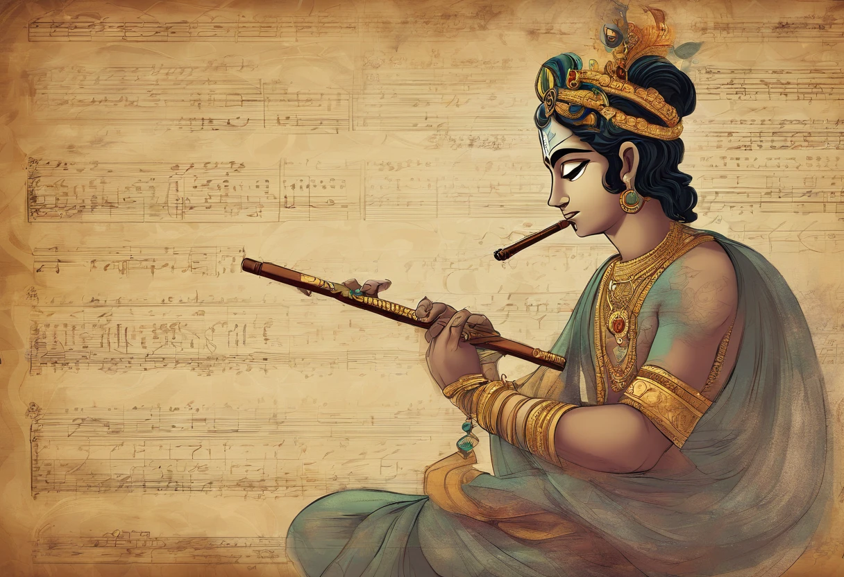 An artist's depiction of Lord Krishna playing his flute, cercado de livros, Canetas, and a chalkboard with mathematical equations in the background.