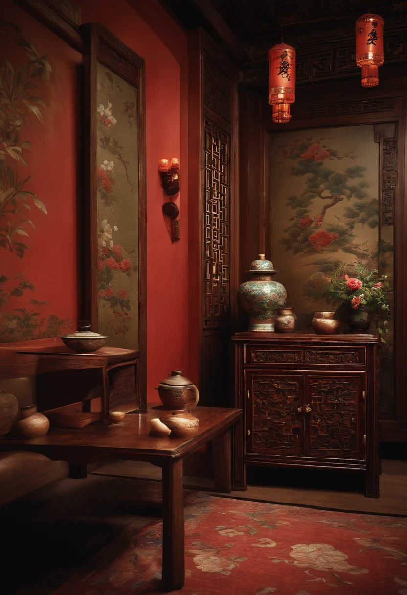 Chinese scene,Vintage furniture,There are flowers on it, oriental wallpaper, with ancient chinese aesthetic, Chinese painting style, clubs,high-definition picture quality