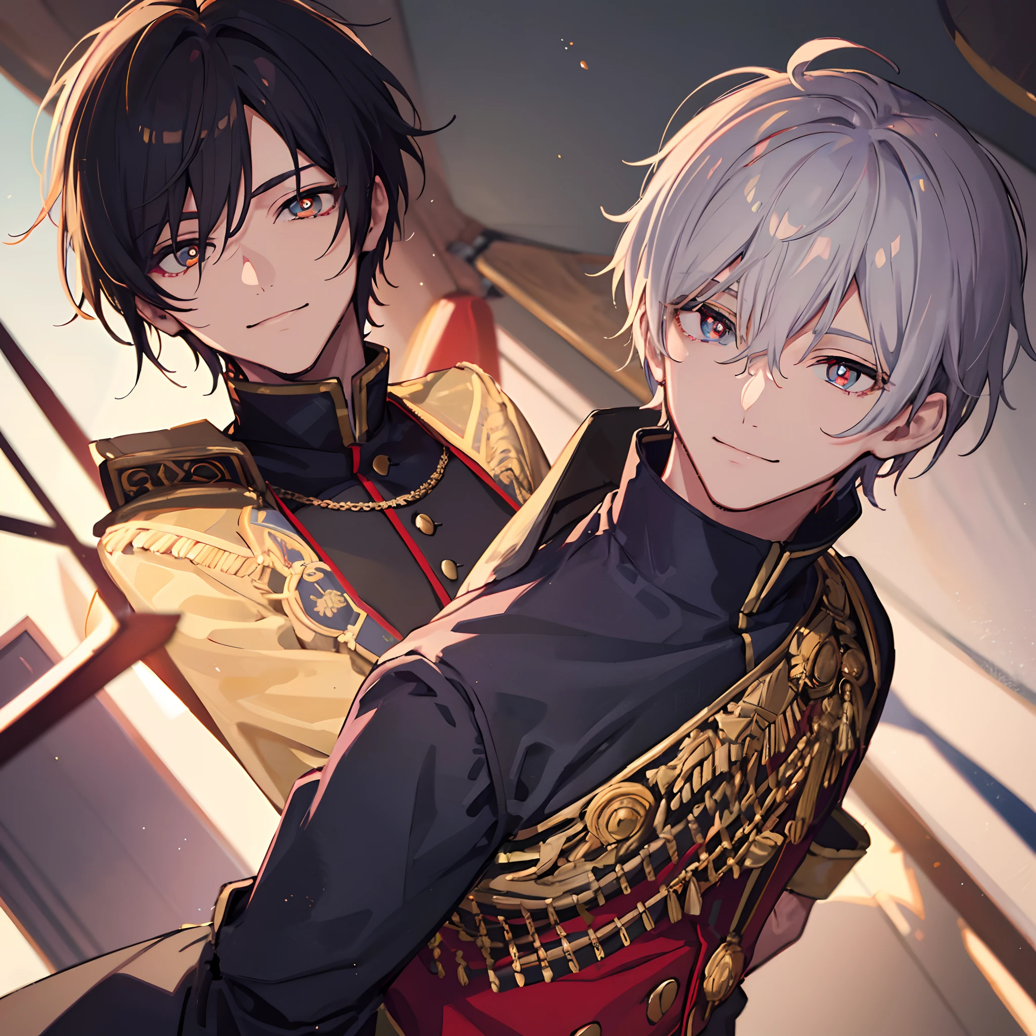 colorful, masterpiece, high quality, sharped, auto focus, looking at another, ((2male)),( gay male,yaoi male), handsome brothers, hollow eyes, ruby shaped pupils, glowing eyes, evil smile, male face,male hair, pixie cut, hair over eyes, hair between eyes,(oldier commander uniform clothes), cinematic, best shadow