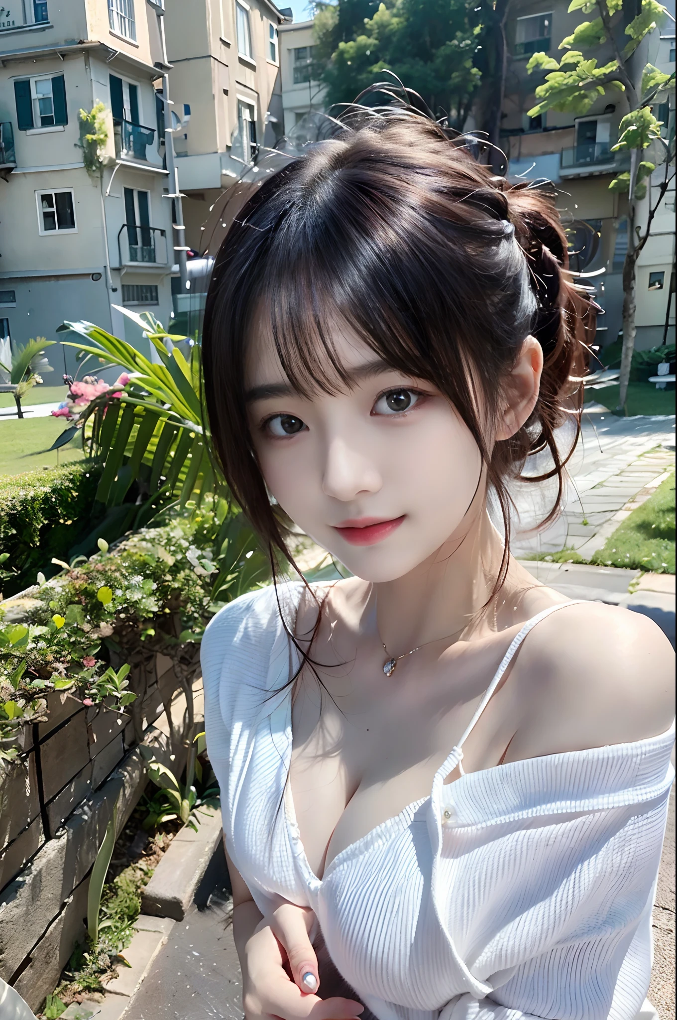 top-quality、masterpiece、超A high resolution、(Photorealsitic:1.4)、1girl in、Shoulder、enticing、looking in camera、smil,white hair、Rich、Healthy skin、Delicate skin、Innocent gestures、Hair2Bundle into two、Twin-tailed