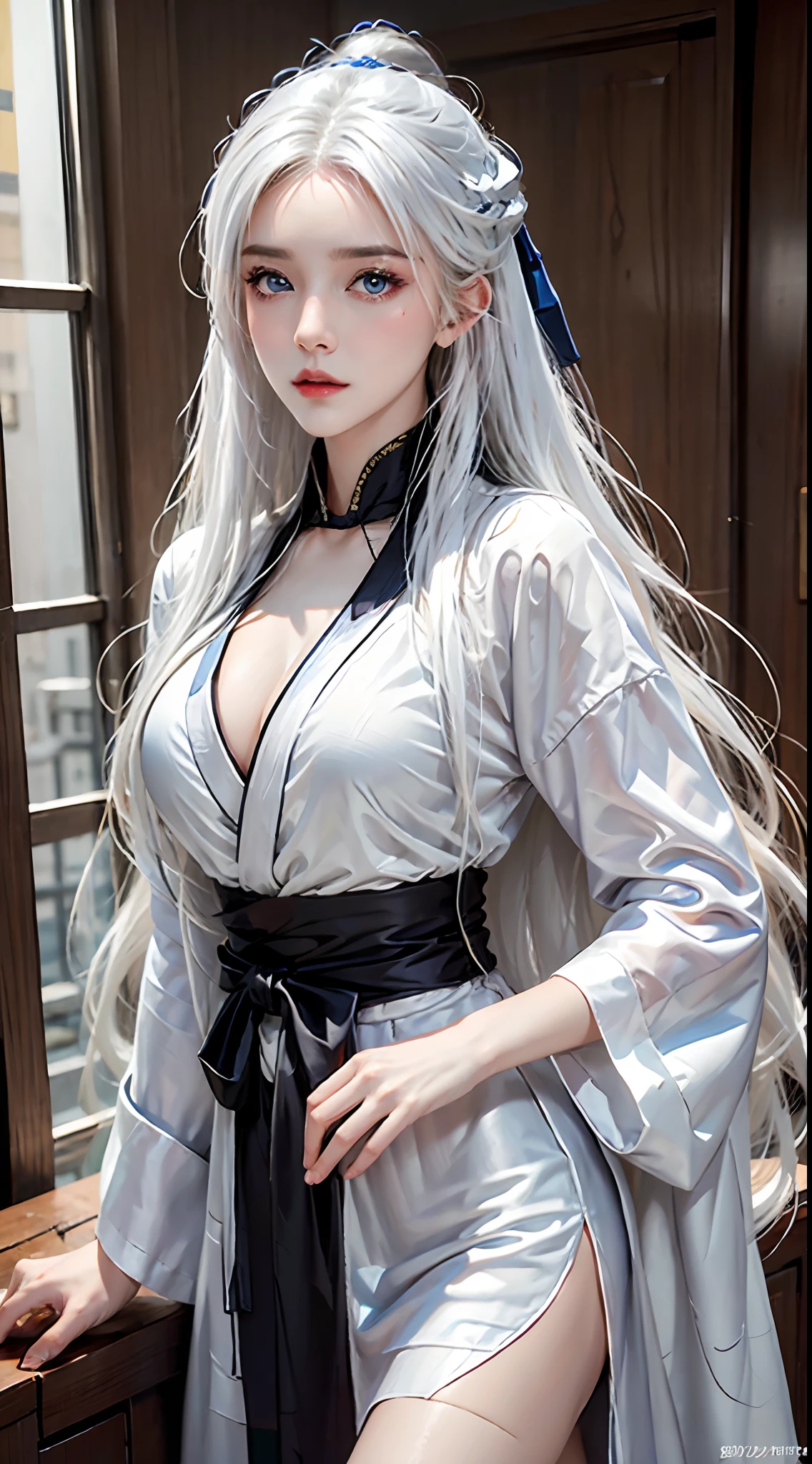 high resolution, 1women, solo, shining skin, jewelry, waist up, white hair, blue eyes, hanfu, taoist robe