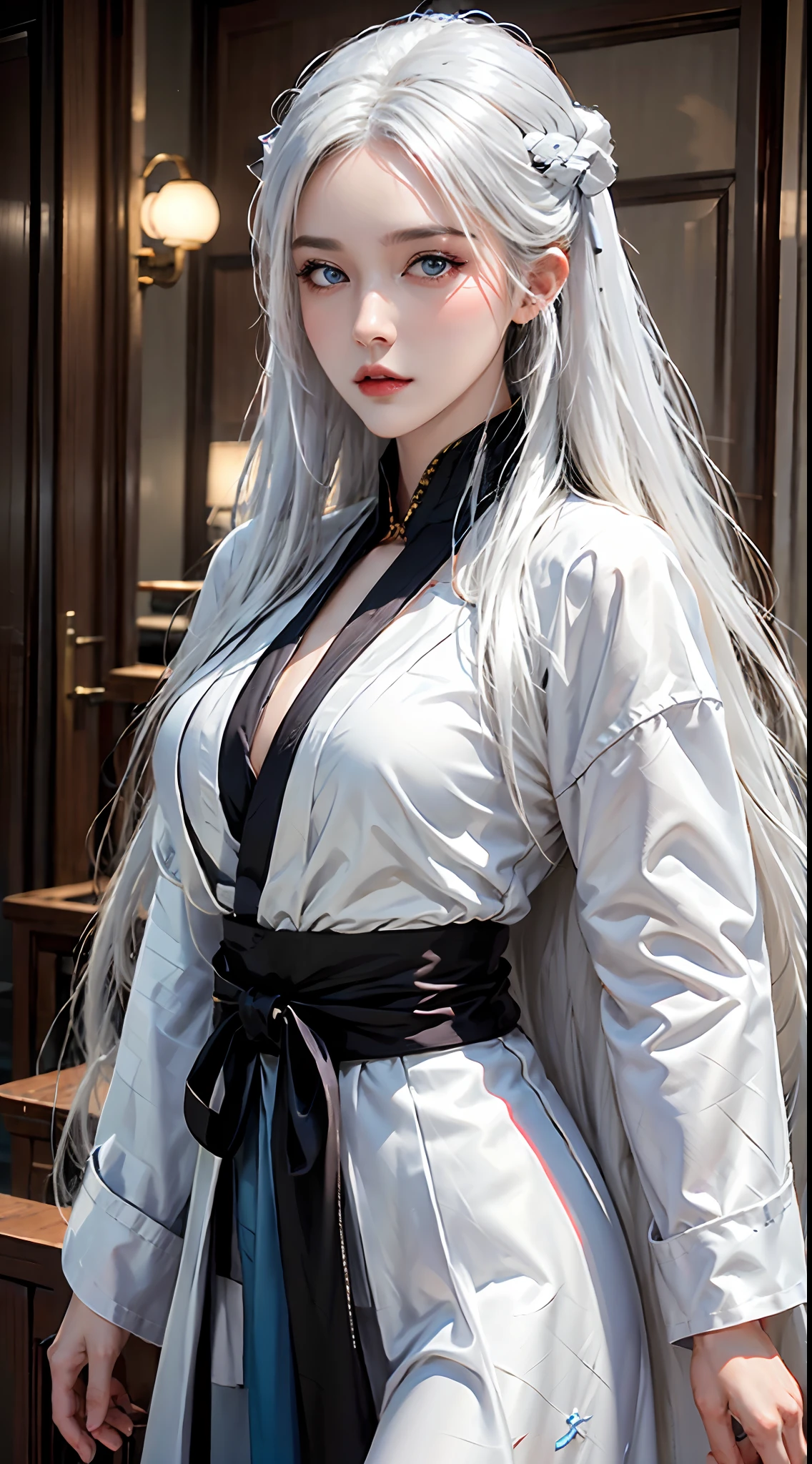 high resolution, 1women, solo, shining skin, jewelry, waist up, white hair, blue eyes, hanfu, taoist robe