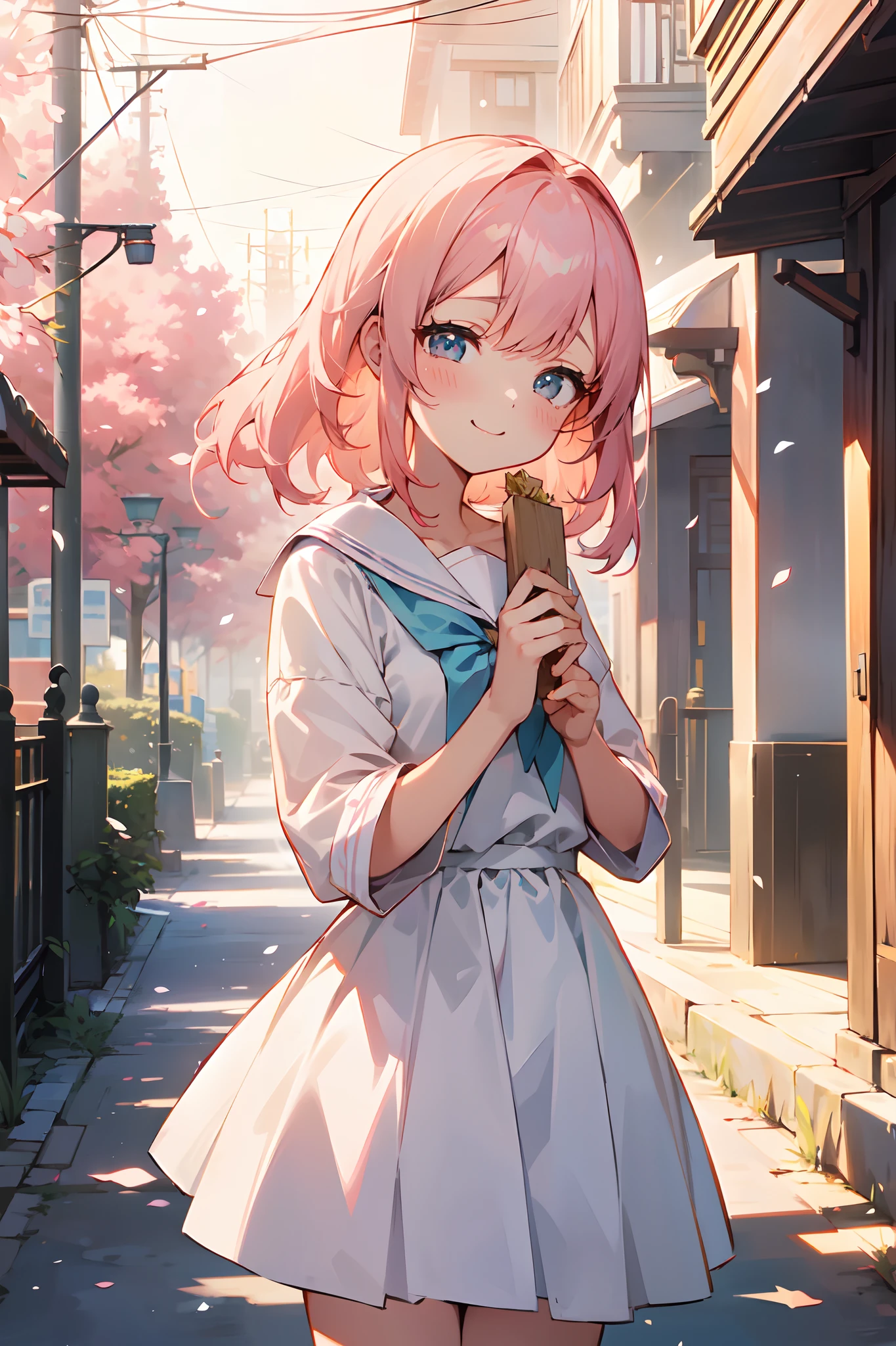 (Best Quality, 8K, masutepiece:1.2, NSFW ),Cutest,Cute Girl,mesugaki,Beautiful face,Beautiful eyes,Beautiful hair, light pink hair,,soft sunlight,street,student clothes,Innocent smile,playful pose,Atmosphere of bliss,The best smile，Sober background,Lively atmosphere,sparkling dew,Happy look,enchanting charm,,PastelColors,gentle wind,Dainty features,Delicate petals,Adorable beauty,Fascinating landscapes.