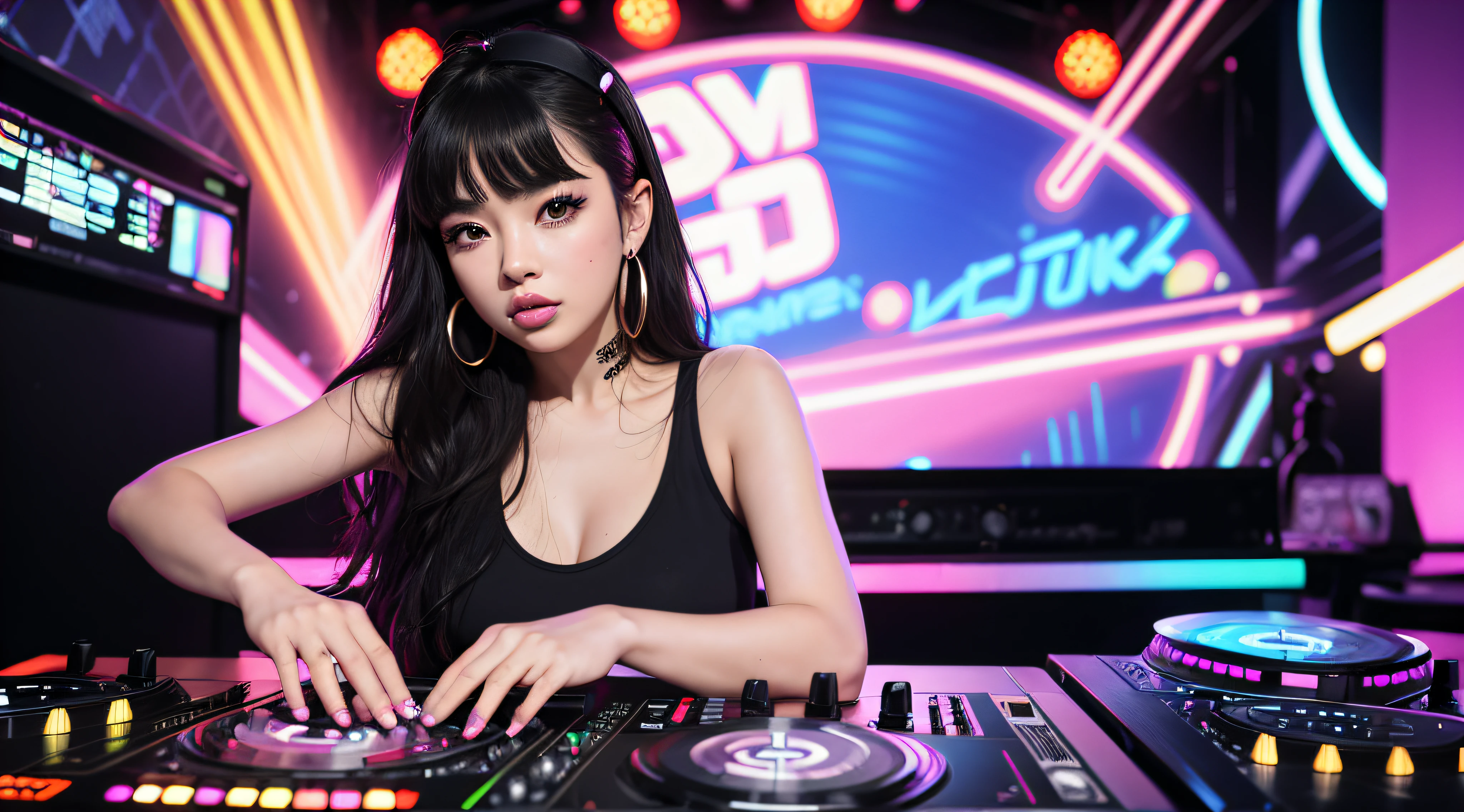 There's a woman standing in front of a DJ set, an album cover inspired by Julia Pishtar, Tumblr, Arte Funk, DJ Sura, Conjunto de DJ, DJ, jia, KDA, Festa DJ Rave, DJING com toca-discos DJ, DJ em uma festa, Parque Roseanne do Blackpink, Eva, live performance, jossi do blackpink