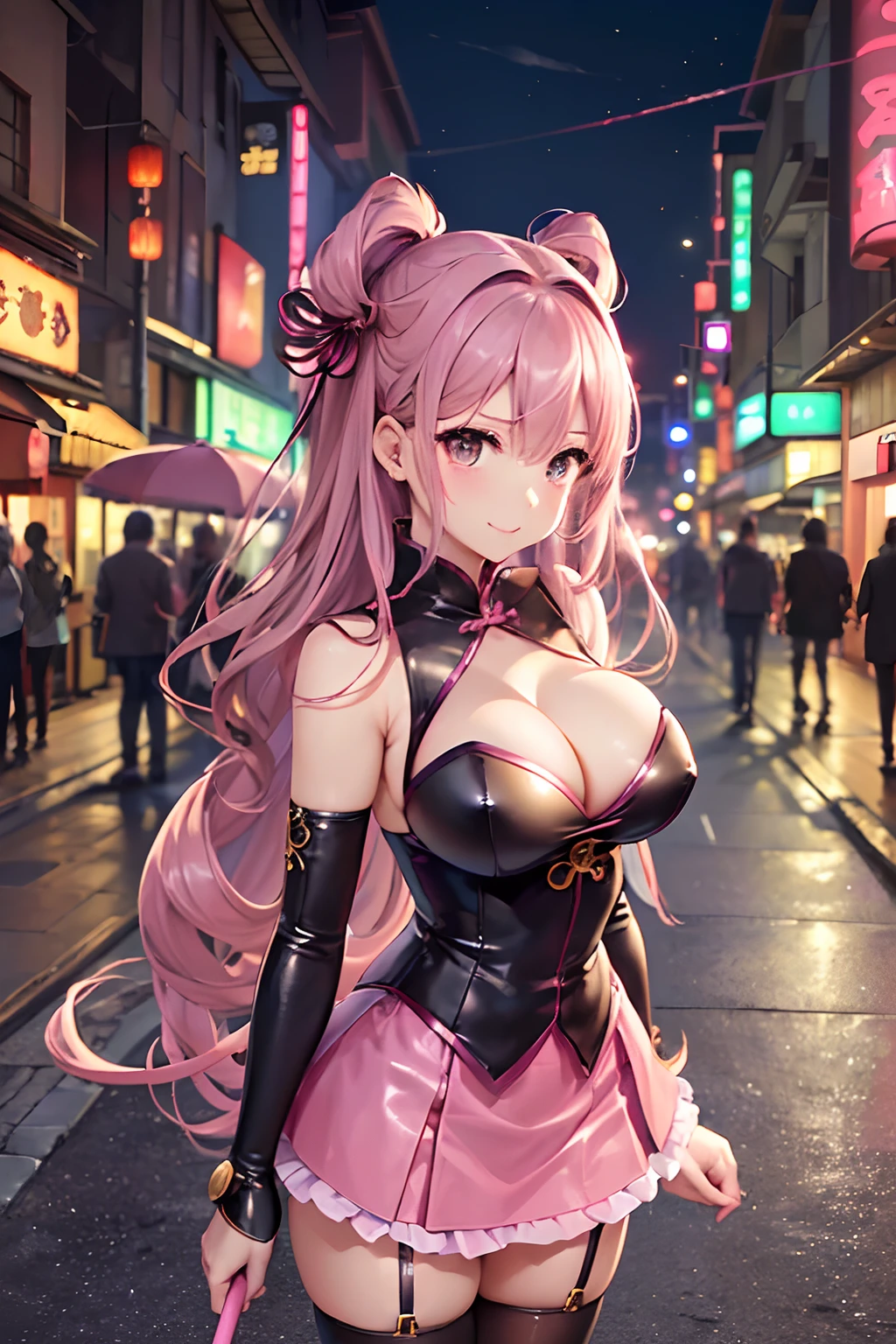 16k,Raw photography,top-quality,hight resolution,Ray tracing,PBR Texture,Post-processing,),(((Pink leather china skirt , Cute Japan Anime Girl,魔法少女まどか☆マギカ,Homura Akemi,long wavy dark blue hair,Big breasts that emphasize cleavage,bare hand,Thin leg,))),(finerly detailed face:1.4),(masterpiece:1.4),(top-quality:1.4), Beautiful fine skin,(cute little:1.5),(Complex black stockings),pin heels,Leather luster 3.0,Beautiful skin,(Pink BDSM figure),((tthin eyebrows,long eyelashes,smil,二重まぶた,)),Real Photo Stick,Standing in the downtown area at night,No title required,Do not wear anything on your shoulders, Nasty figure, Fine hands,Thin beautiful legs,Staring from the front,Cheongsam with beautiful pattern with golden embroidery,