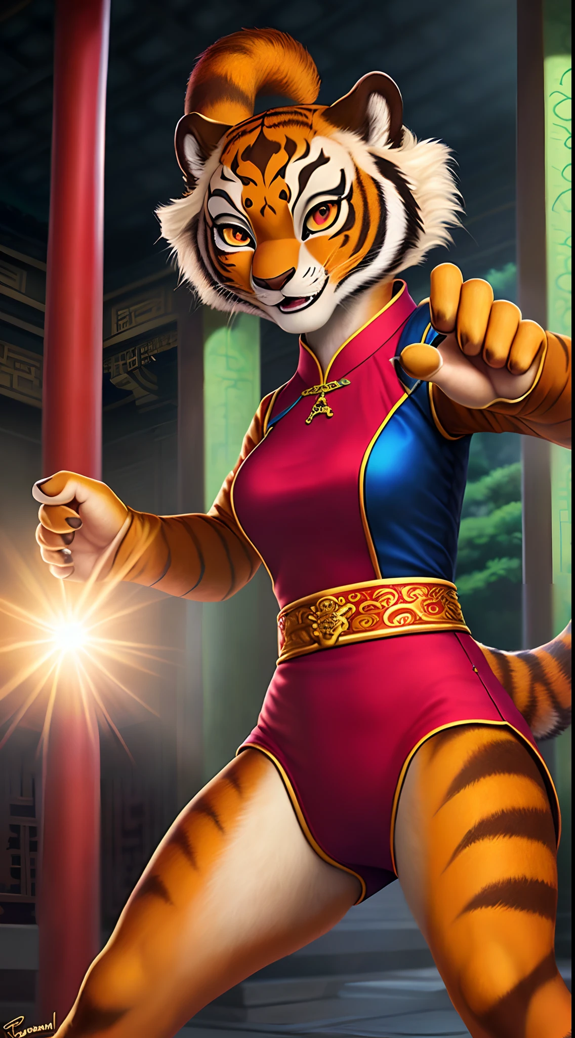 uploaded to e621, raw photo, realistic, anthro, detailed face, detailed fur, high resolution, beautiful and detailed portrait of Tigress from Kung fu Panda, Tigress, Kung fu Panda,
kenket, Ross Tran,ruan jia, uploaded to e621, zaush, foxovh, cenematic lighting, Chinese temple bl, small breast, whole body, beautiful, more combative face, solo, 1girl, kung fu clothes, fight pose