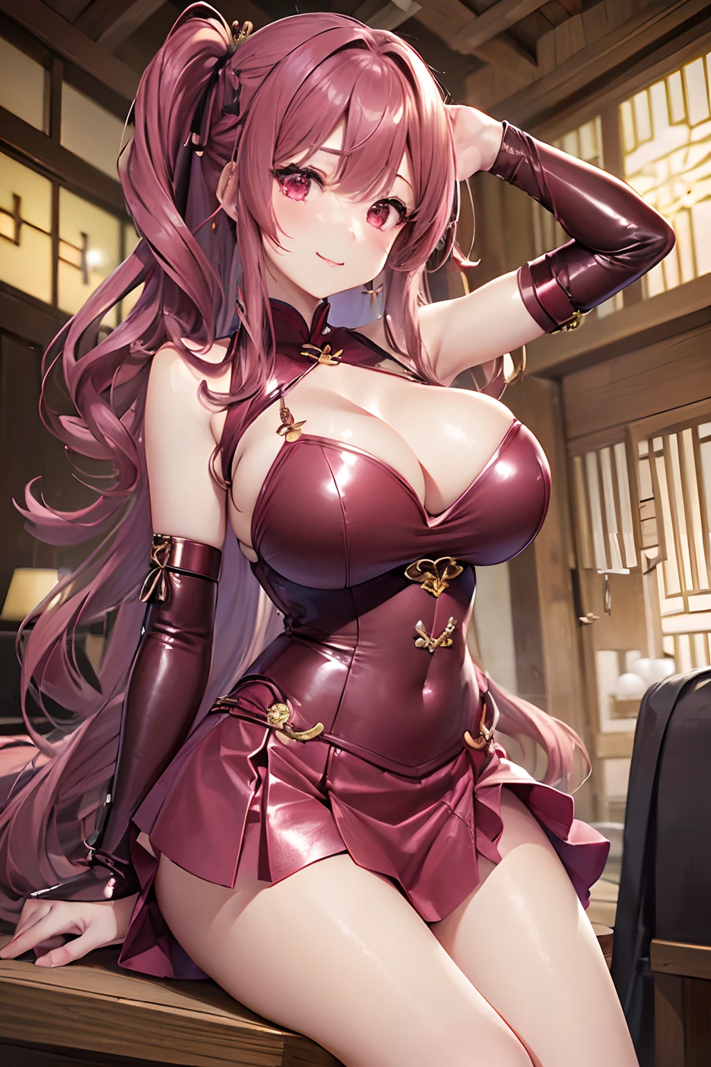 16k,Raw photography,top-quality,hight resolution,Ray tracing,PBR Texture,Post-processing,),(((Pink leather china skirt , Cute Japan Anime Girl,魔法少女まどか☆マギカ,Kyoko Sakura,long wavy hair of maroon color,,Big breasts that emphasize cleavage,bare hand,Thin leg,))),(finerly detailed face:1.4),(masterpiece:1.4),(top-quality:1.4), Beautiful fine skin,(cute little:1.5),(Complex black stockings),pin heels,Leather luster 3.0,Beautiful skin,(Pink BDSM figure),((tthin eyebrows,long eyelashes,smil,二重まぶた,)),Real Photo Stick,Concert Venues,No title required,Do not wear anything on your shoulders, Nasty figure, Fine hands,Thin beautiful legs,Staring from the front,Cheongsam with beautiful pattern with golden embroidery,