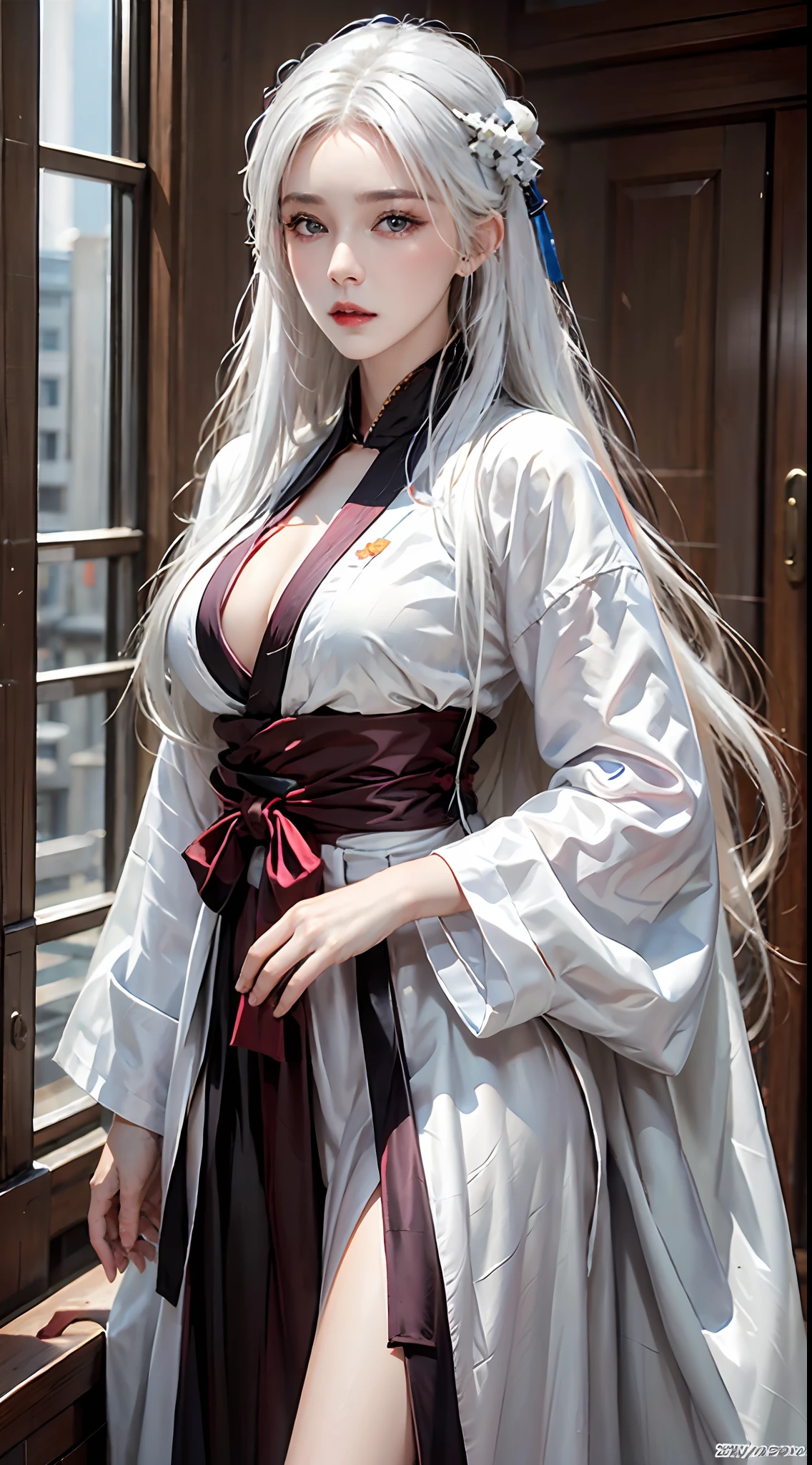 high resolution, 1women, solo, shining skin, jewelry, waist up, white hair, blue eyes, hanfu, taoist robe, cherry blossom