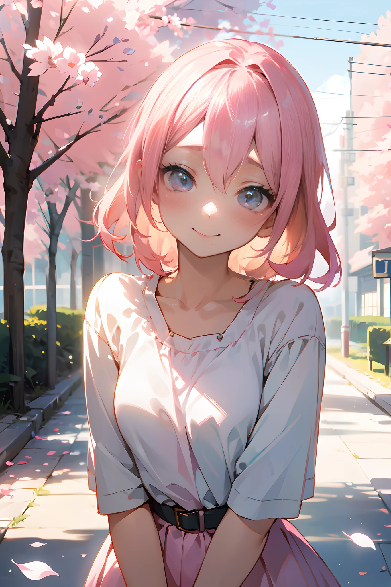 (Best Quality, 8K, masutepiece:1.2, NSFW ),Cutest,Cute Girl,mesugaki,Beautiful face,Beautiful eyes,Beautiful hair, light pink hair,,soft sunlight,street,student clothes,Innocent smile,playful pose,Atmosphere of bliss,The best smile,Sober background,Lively atmosphere,sparkling dew,Happy look,enchanting charm,,PastelColors,gentle wind,Dainty features,Delicate petals,Adorable beauty,Fascinating landscapes.