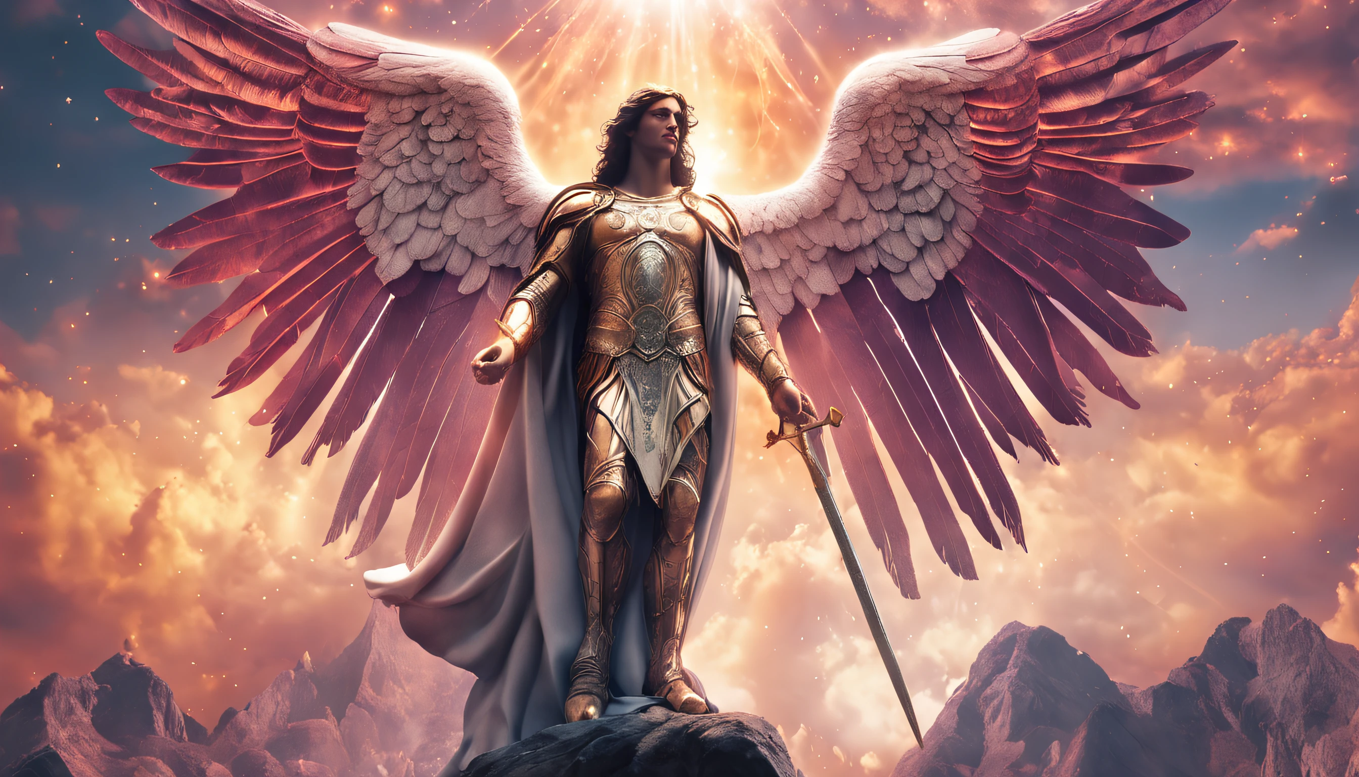 um personagem masculino, o arcanjo Miguel, imagem celestial, detalhes intricados, realista, asas ROSAS e grandes, fundo angelical, Catholic illustrative image of the archangel Michael, Male character of the Bible, Michael is wearing his angelic armor, cosmic background, Illumination in the Archangel and in the background, imagem do corpo todo do anjo, Maximum detail and his angelic face and wings, pele perfeita realista, Maximum image quality, Miguel ele esta destacado na imagem com cores fortes e chamativas.