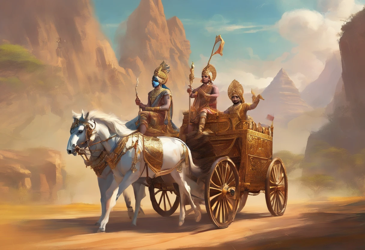An artist's depiction of Lord Krishna and Arjuna in a chariot, natural scenery