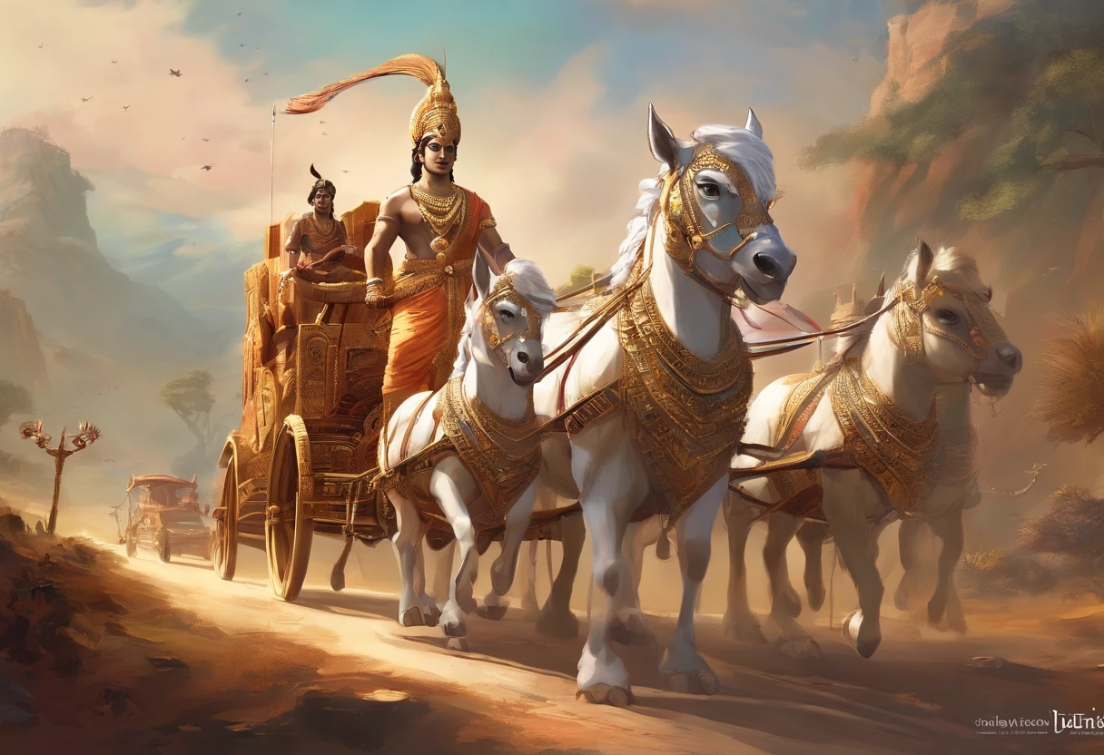 An artist's depiction of Lord Krishna and Arjuna in a chariot, natural scenery