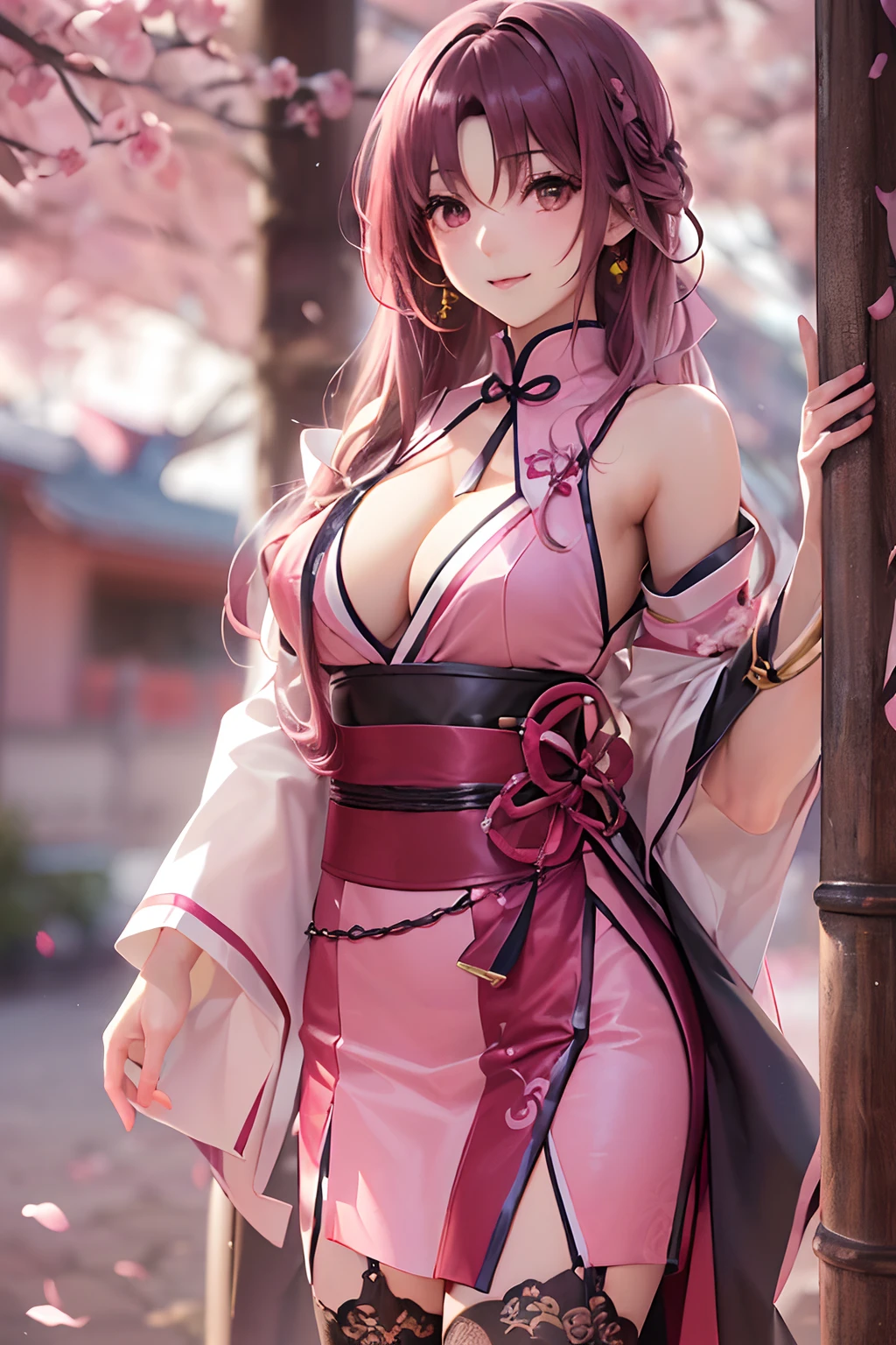 16k,Raw photography,top-quality,hight resolution,Ray tracing,PBR Texture,Post-processing,),(((Pink leather china skirt , Cute Japan Anime Girl,魔法少女まどか☆マギカ,Kyoko Sakura,long wavy hair of maroon color,,Big breasts that emphasize cleavage,bare hand,Thin leg,))),(finerly detailed face:1.4),(masterpiece:1.4),(top-quality:1.4), Beautiful fine skin,(cute little:1.5),(Complex black stockings),pin heels,Leather luster 3.0,Beautiful skin,(Pink BDSM figure),((tthin eyebrows,long eyelashes,smil,二重まぶた,)),Real Photo Stick,Concert Venues,No title required,Do not wear anything on your shoulders, Nasty figure, Fine hands,Thin beautiful legs,Staring from the front,Cheongsam with beautiful pattern with golden embroidery,