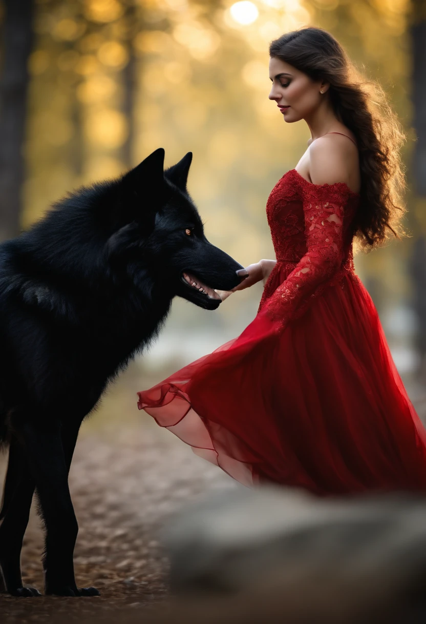 A huge wild black wolf guards a beautiful girl dressed in a red dress
(Masterpiece: 1.5) (Photorealistic: 1.1) (bokeh) (Best Quality) (detail skin texture, pores, hairsh: 1.1) (Intricate) (8K) (HDR) (wallpapers) (Cinematic lighting) (sharp-focus )