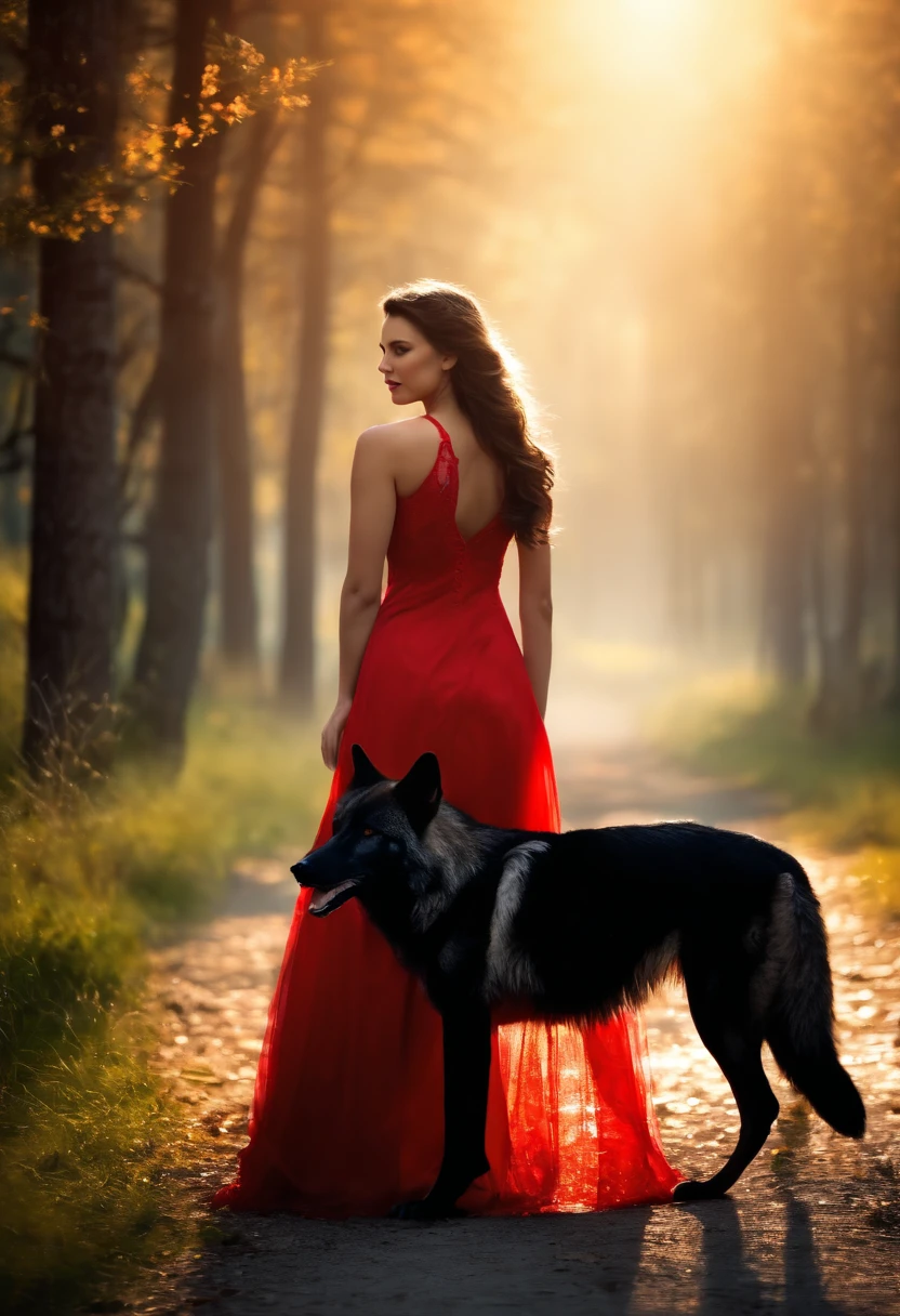 A huge wild black wolf guards a beautiful girl dressed in a red dress
(Masterpiece: 1.5) (Photorealistic: 1.1) (bokeh) (Best Quality) (detail skin texture, pores, hairsh: 1.1) (Intricate) (8K) (HDR) (wallpapers) (Cinematic lighting) (sharp-focus )