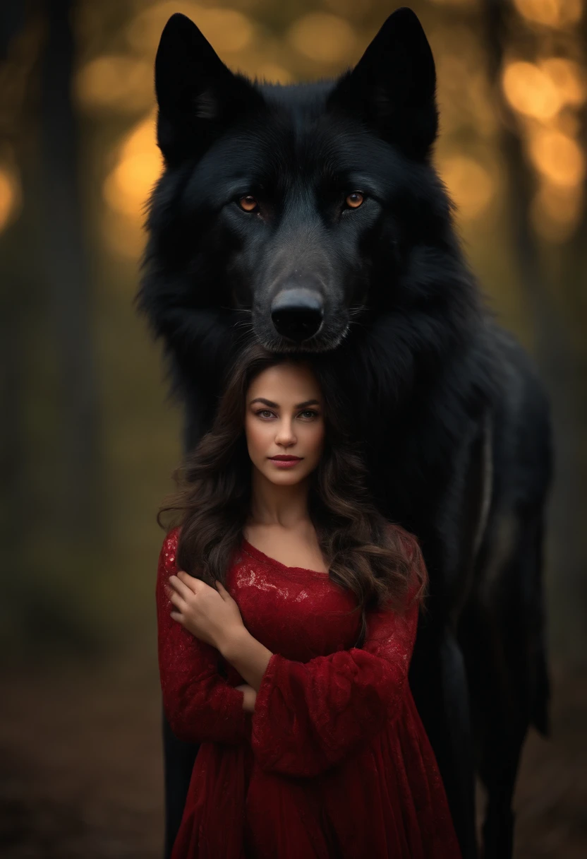 A huge wild black wolf guards a beautiful girl dressed in a red dress
(Masterpiece: 1.5) (Photorealistic: 1.1) (bokeh) (Best Quality) (detail skin texture, pores, hairsh: 1.1) (Intricate) (8K) (HDR) (wallpapers) (Cinematic lighting) (sharp-focus )