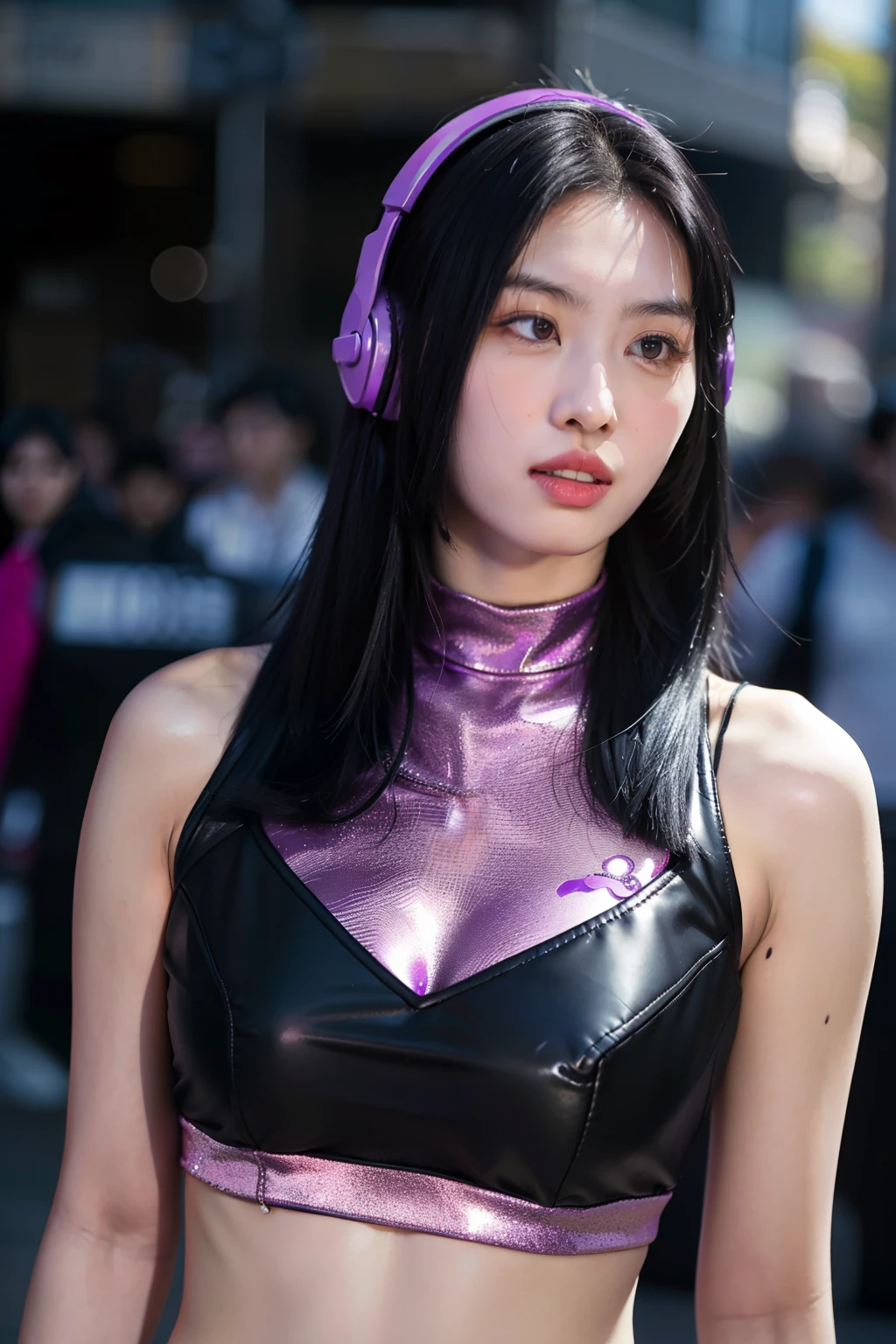 Asian girl with purple shimmering headphones, black hair with shiny gray highlights, with black clothes underneath a gray crop top full of chain, clothes a little torn, light stains of blood and purple goo, Valencia face