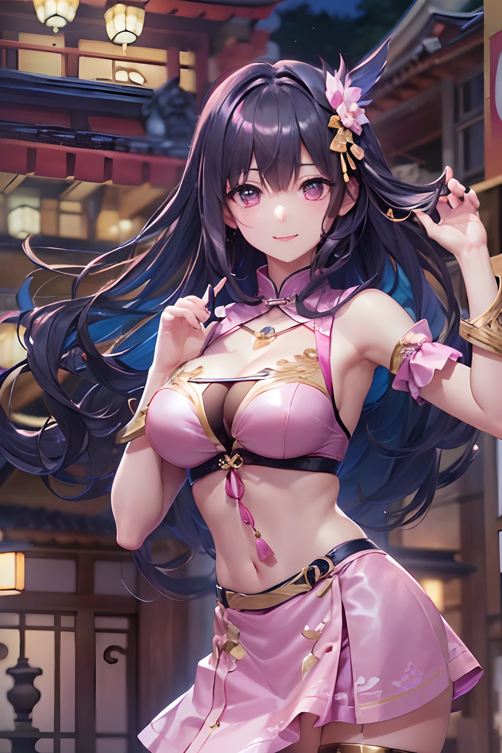 16k,Raw photography,top-quality,hight resolution,Ray tracing,PBR Texture,Post-processing,),(((Pink leather china skirt , Cute Japan Anime Girl,魔法少女まどか☆マギカ,Homura Akemi,long wavy dark blue hair,Big breasts that emphasize cleavage,bare hand,Thin leg,))),(finerly detailed face:1.4),(masterpiece:1.4),(top-quality:1.4), Beautiful fine skin,(cute little:1.5),(Complex black stockings),pin heels,Leather luster 3.0,Beautiful skin,(Pink BDSM figure),((tthin eyebrows,long eyelashes,smil,二重まぶた,)),Real Photo Stick,Standing in the downtown area at night,No title required,Do not wear anything on your shoulders, Nasty figure, Fine hands,Thin beautiful legs,Staring from the front,Cheongsam with beautiful pattern with golden embroidery,
