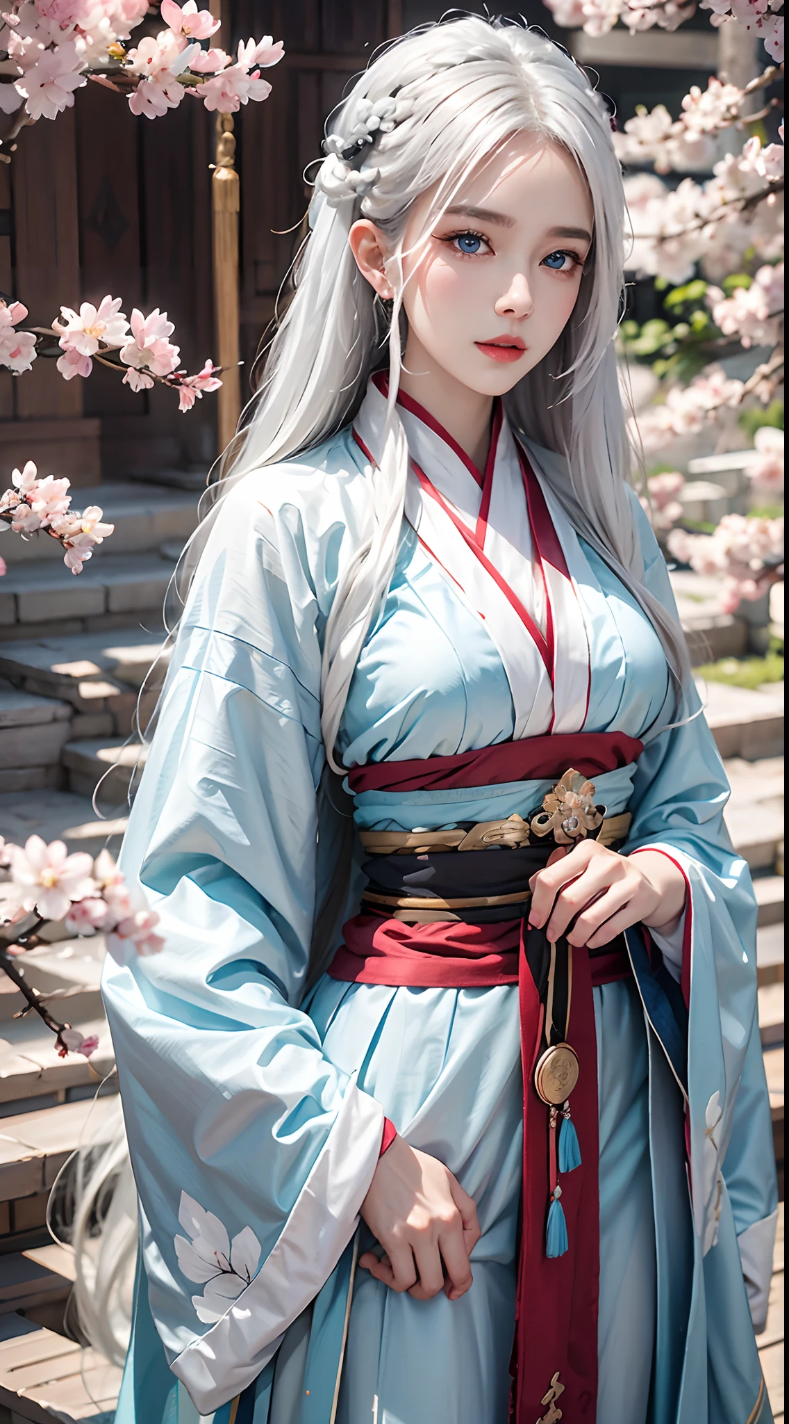 photorealistic, high resolution, 1women, shining skin, solo, tattoo, jewelry, pink lip, long hair, white hair, blue eye, closed mouth, hips up, hanfu, cherry blossoms