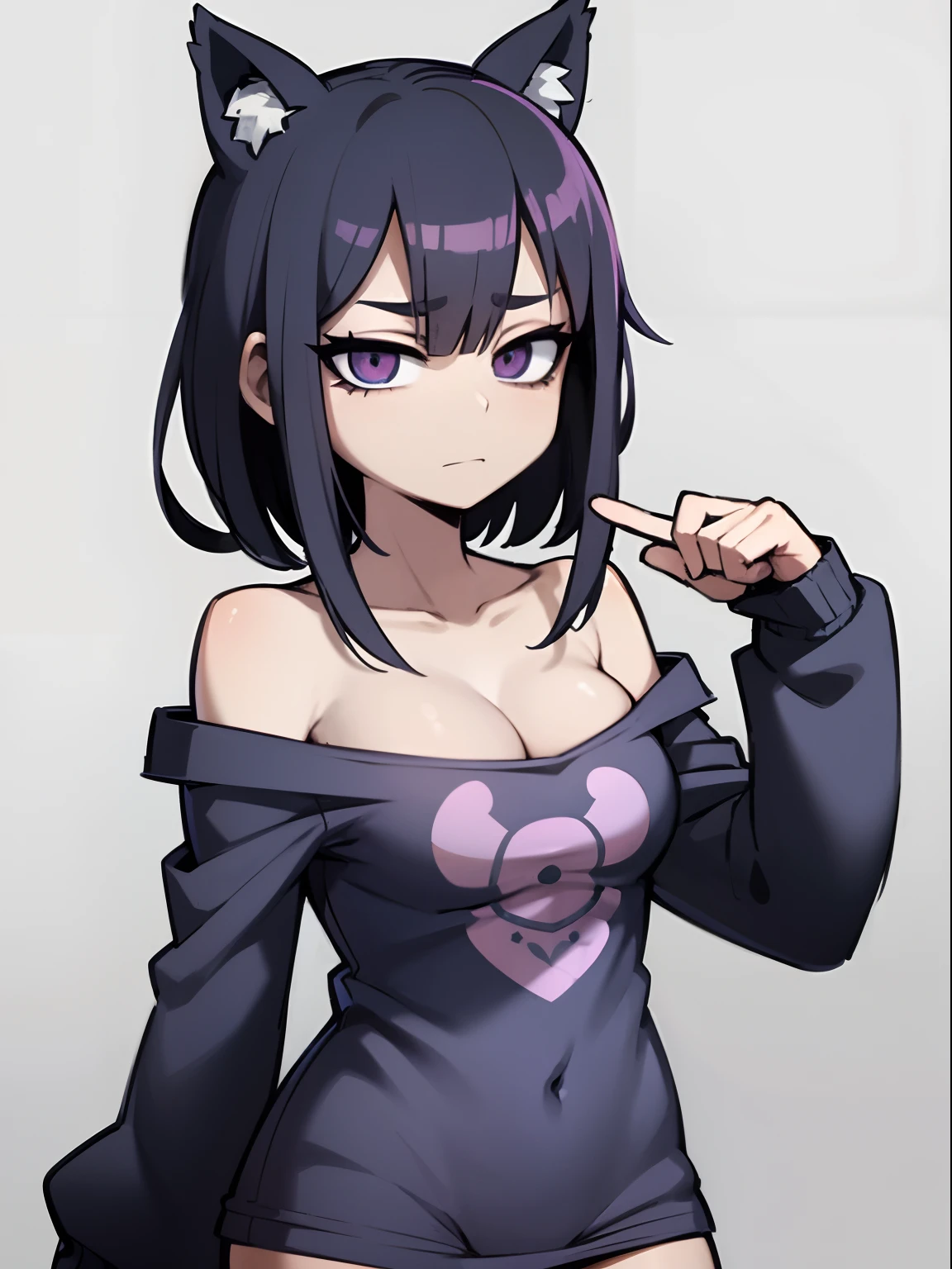 Sexy Japanese girl with shoulder-length hair and a dark circle under her left eye. Good figure Blue-black-purple hair, mysterious personality Wearing pajamas, showing the cleavage with a bear pattern on the shirt The background is white. His face looked sleepy like he had just woken up.
