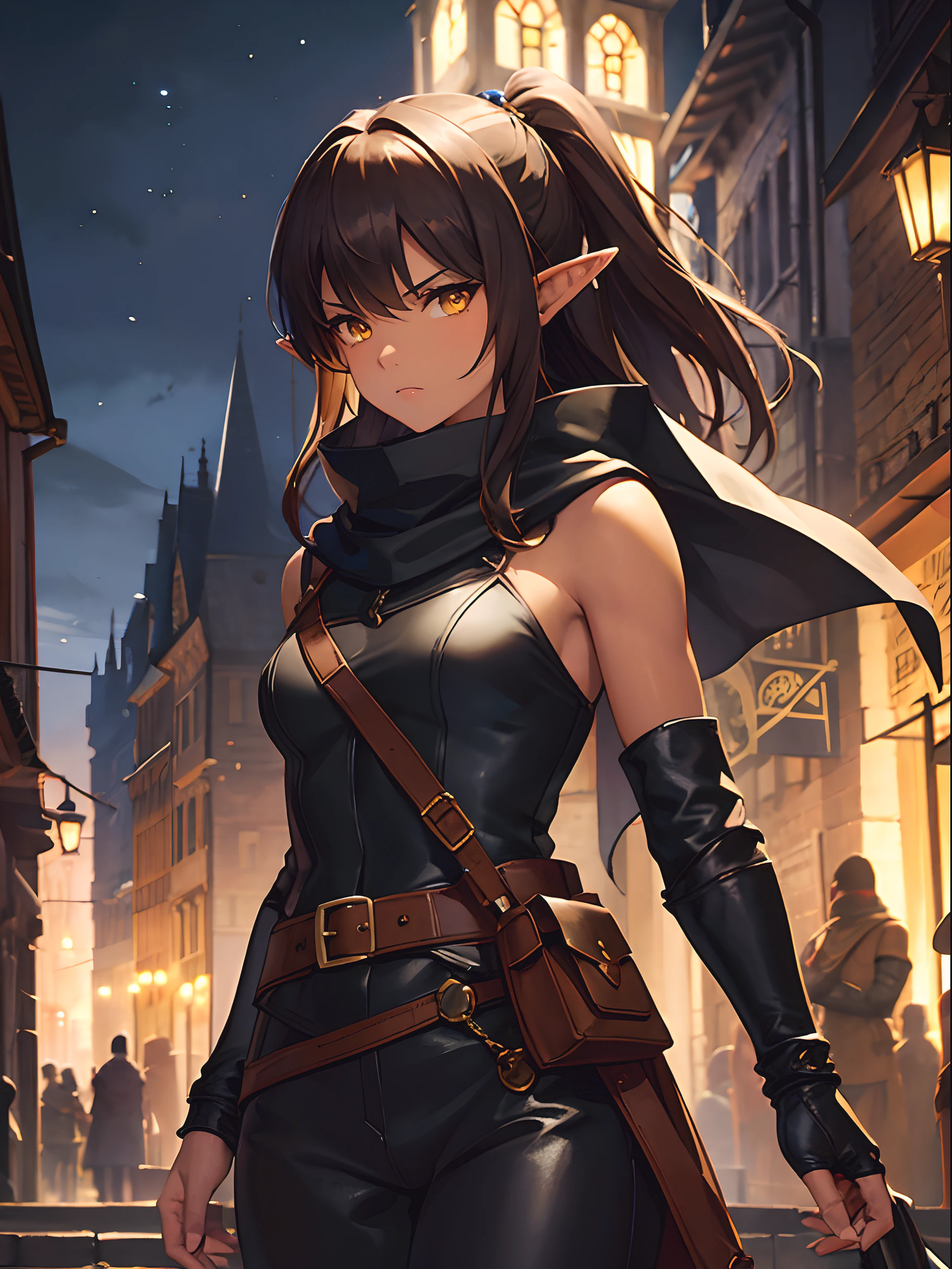 Close up, fantasy world, medieval city, stone city, night, woman, elf ears, dark tanned skin, yellow eyes, brown hair, suspicious expression, black cowl hood, black leather outfit, sleeveless, pouch, pants