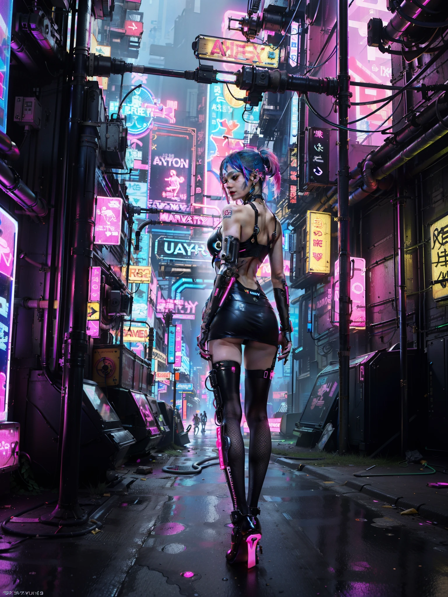 (masterpiece, top quality, best quality, official art, beautiful and aesthetic:1.2),(1 Sofia Boutella cyberpunk girl:1.4),full body,([pink|blue] hair:1.5),extreme detailed,(fractal art:1.3),(colorful:1.5),highest detailed,(Mechanical modification:1.3),(modification:1.2),Maiden,(complex mechanical conduit is inserted into the back:1.5),(neon background:1.4),(neon city:1.75),night,large breasts,(gothic_****ta:1.2),high heels,(:0.75),makeup,blush,(cyberpunk:1.4),((looking at viewer:1.3)),((looking back))