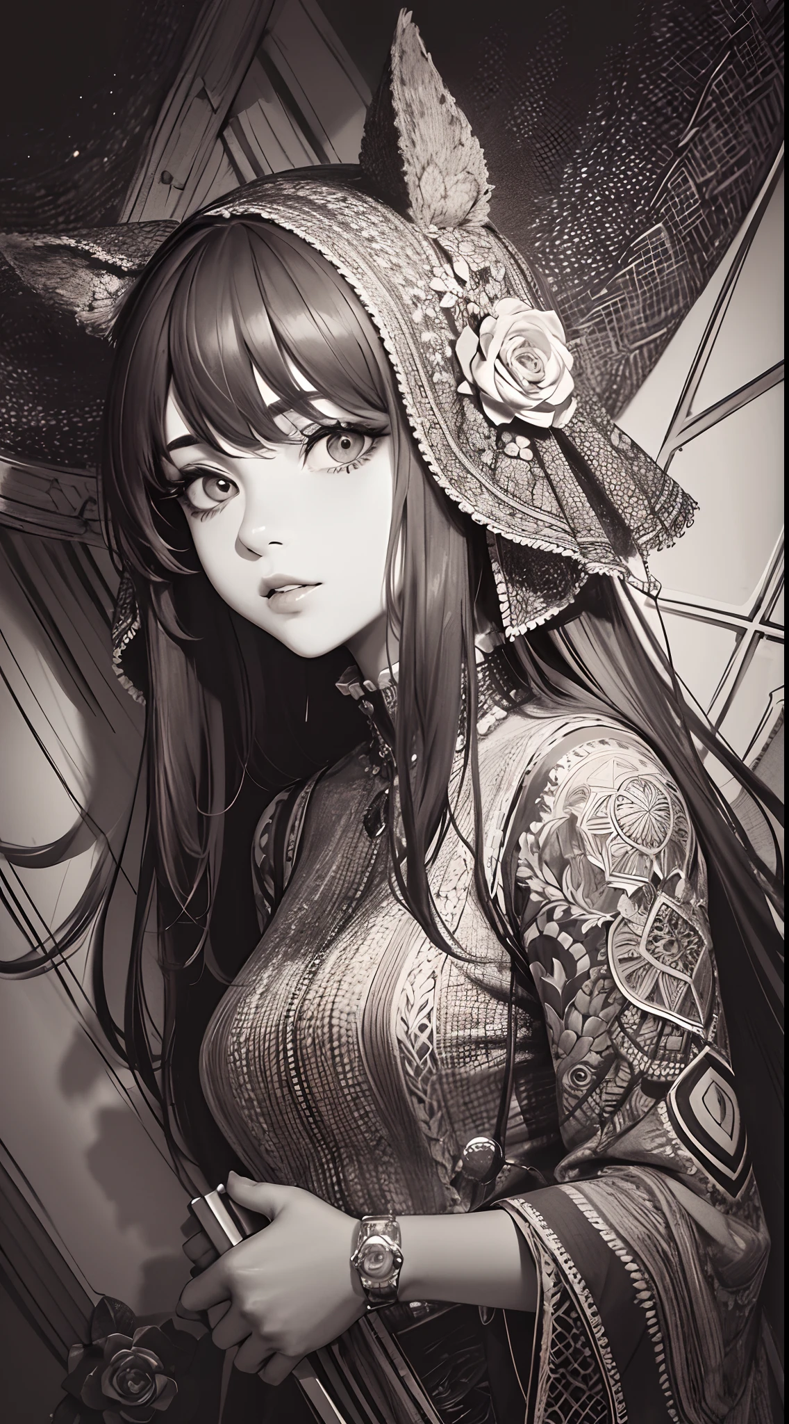 absurdres, highres, ultra detailed, (ultra-detailed background, detailed background), extremly detailed, 1girl, bunch of flowers, (zentangle:1.2), (geometric:1.2),