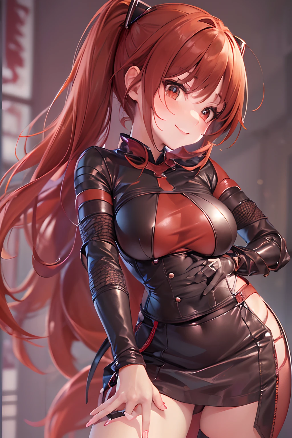(16k,Raw photography,top-quality,hight resolution,Ray tracing,PBR Texture,Post-processing,),(((Dark Red Leather Bondage Skirt , Cute anime girl,Soryu Asuka Langley,long brown hair,Big breasts that emphasize cleavage,bare hand,))),(finerly detailed face:1.4),(masterpiece:1.4),(top-quality:1.4), Beautiful fine skin,(cute little:1.5),(Complex fishnet stockings),pin heels,Leather luster 3.0,Beautiful skin,(Red Bodycon),((tthin eyebrows,long eyelashes,smil,二重まぶた,)),Real Photo Stick,K Clubhouse,No title required,Wear nothing on your shoulders, arms, or hands,Thin beautiful legs,Staring from the front,