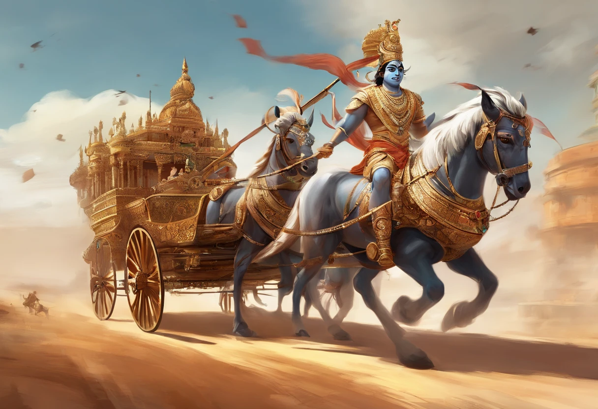 An artist's depiction of Lord Krishna and Arjuna in a chariot, a carruagem tem um palio, Natural scenery enemy armies on either side of the chariot