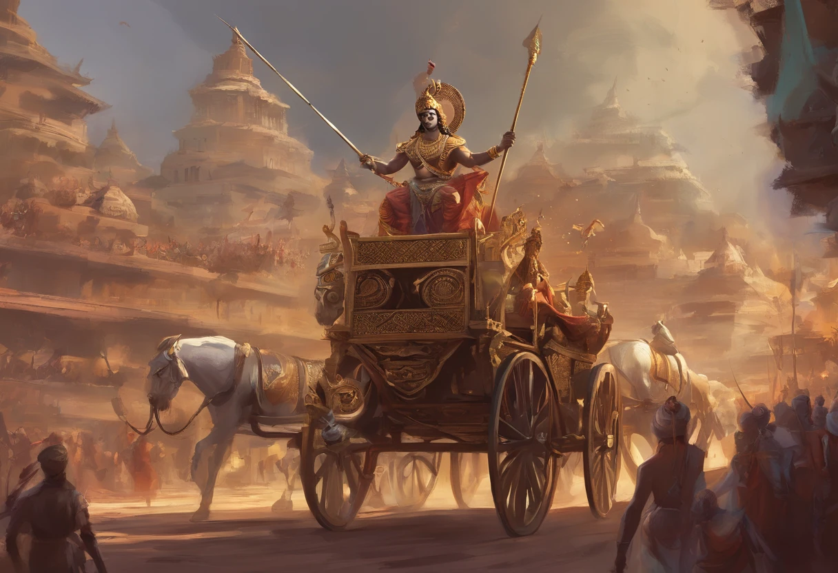 An artist's depiction of Lord Krishna and Arjuna in a chariot, a carruagem tem um palio, Natural scenery enemy armies on either side of the chariot
