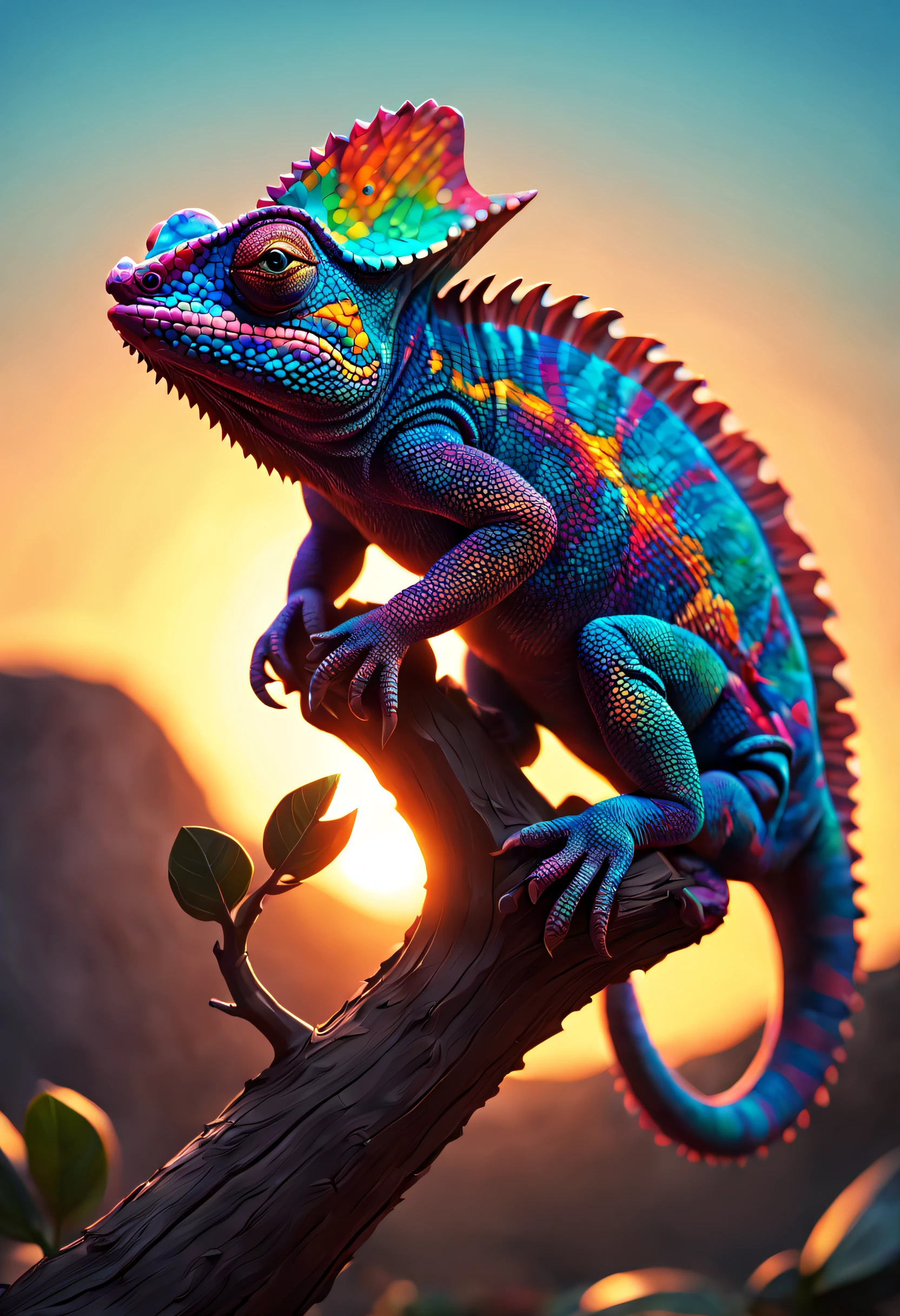 a silhouette design of a chameleon, sunset design, 3D vector art, cute and quirky, bright bold colorful., watercolor effect, , digital painting, low-poly, bird's-eye view, isometric style, focused on the character, 4K resolution, photorealistic rendering, using Cinema 4D,front side