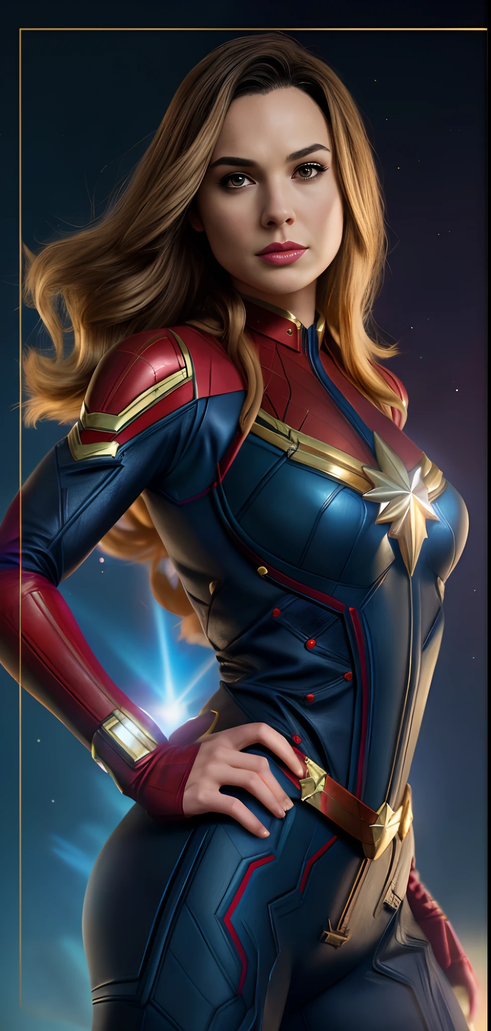 a woman in a captain marvel costume posing for a picture, captain marvel, marvel style, style of marvel, in style of marvel and dc, gal gadot as captain marvel, in style of marvel, extremely detailed artgerm, in the style artgerm, artgerm style, artgerm jsc, artgerm moody photography, marvel costumes
