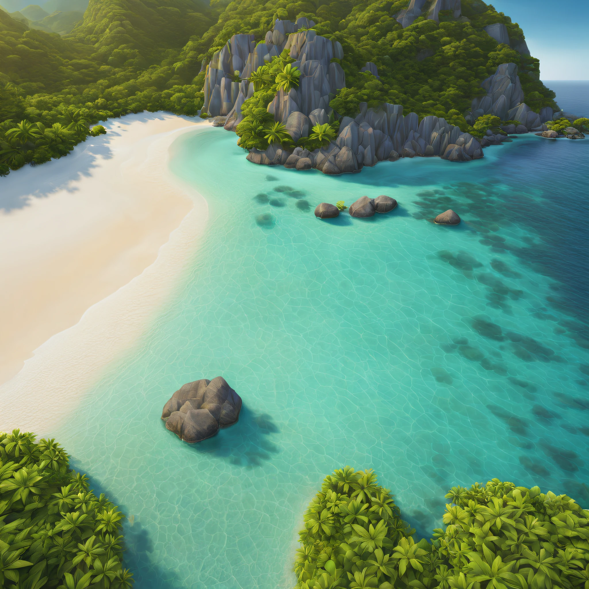 (best quality,4k,highres,masterpiece:1.2),ultra-detailed,realistic:1.37,photorealistic,HDR,UHD,aerial view,crystal-clear water,vivid colors, serene atmosphere,glowing sunset,remote island,hidden,isolated,breathtaking landscape,majestic,mountains,white sand beaches,tropical paradise,lush greenery,turquoise blue sea,tranquil,peaceful,secluded,untouched,pristine nature,warm sunlight,dreamy,fantasy,unforgettable,once-in-a-lifetime experience,romantic,serene,heartwarming,awe-inspiring surreal effects