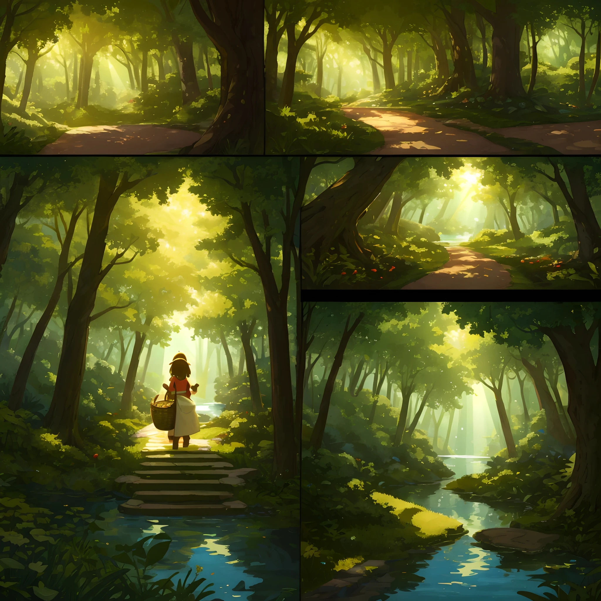 6-panel cartoon, 1. A forest with sunlight shining through, 2. A narrow path leading to the depths of the forest, 3. The back of a girl with a basket, 4. A small dragon peeking out of a beautiful lake, 5. The girl and the dragon looking at each other, 6. The girl reaching out to the dragon,