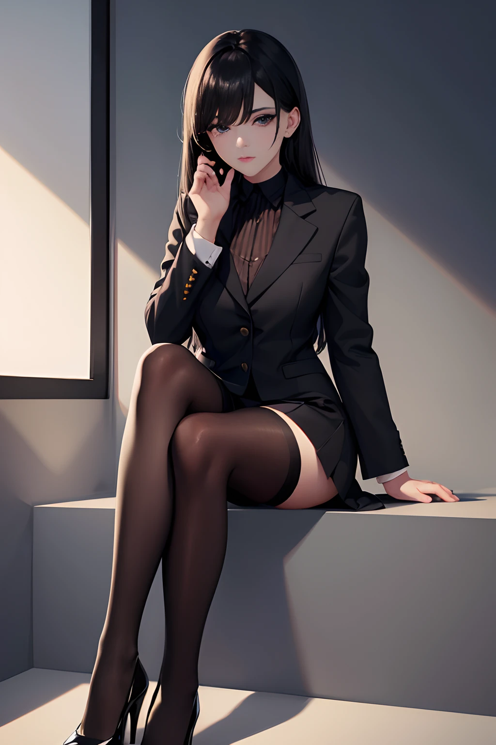 a girl，24 years old，long black hair，Qi bangs，Height 1.6 meters，Exquisite facial features，White background，Sit on a chair with your legs crossed，Take a photo，slim body，Slender and full legs，medium sized breasts，Open your mouth slightly，（black coat，Turtleneck sweater inside，Thigh-length leather shorts，black pantyhose，black high heels）