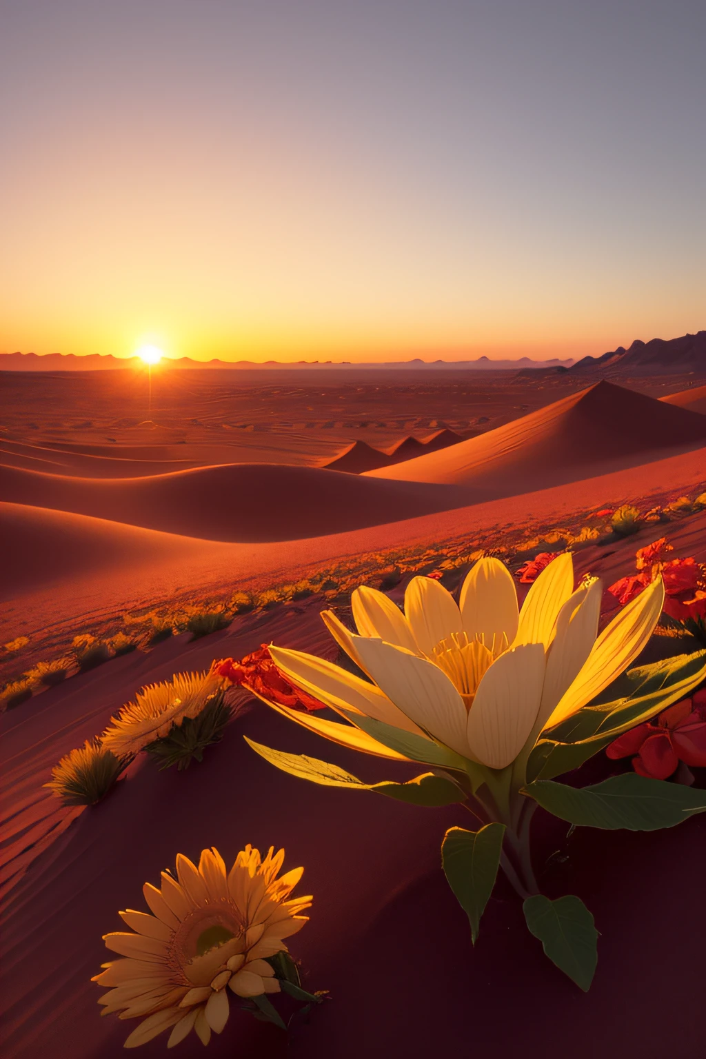 Classicista, flores no deserto, quente, vermelho de por do sol, altissima qualidade