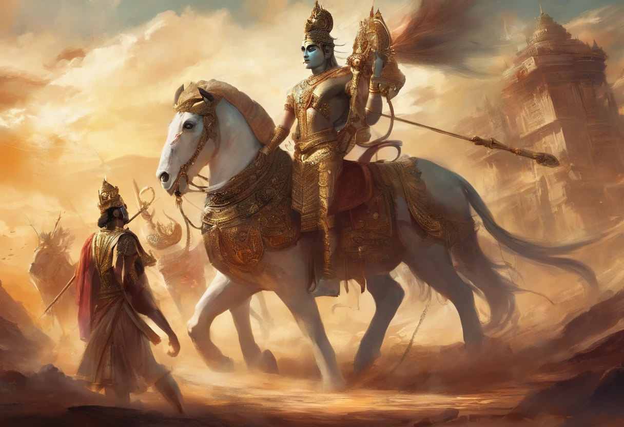 An artist's depiction of Lord Krishna and Arjuna, juntos na mesma carruagem real dourada, Natural scenery enemy armies on either side of the chariot