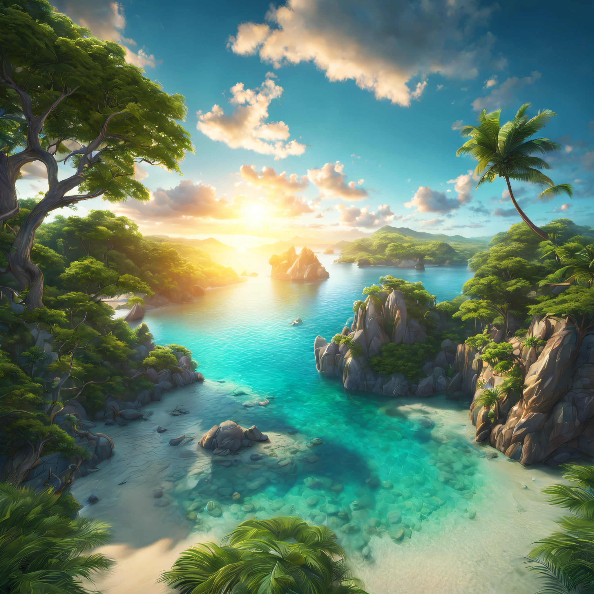 (best quality,4k,highres,masterpiece:1.2),ultra-detailed,realistic:1.37,photorealistic,HDR,UHD,aerial view,crystal-clear water,vivid colors, serene atmosphere,glowing sunset,remote island,hidden,isolated,breathtaking landscape,majestic,mountains,white sand beaches,tropical paradise,lush greenery,turquoise blue sea,tranquil,peaceful,secluded,untouched,pristine nature,warm sunlight,dreamy,fantasy,unforgettable,once-in-a-lifetime experience,romantic,serene,heartwarming,awe-inspiring surreal effects