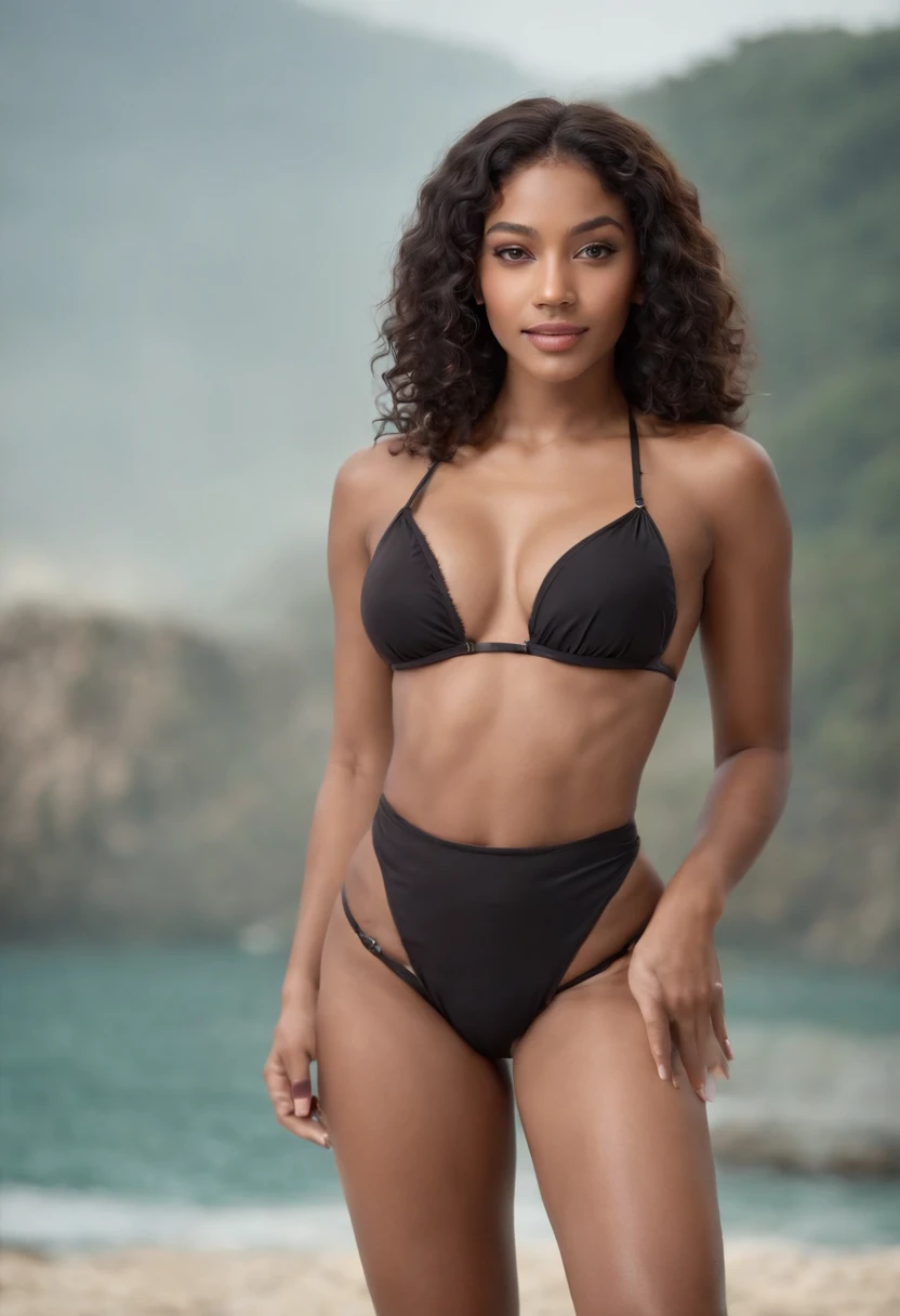 Attractive sexy african american woman 20 years old black curly hair to waist, Mini bikini, Looking back, Big ass, A humble smile, Mesh stockings on the thighs, Good abs, Beautiful sexy long legs, (photo-realistic: 1,5) (tmasterpiece: 1,5) (best qualityer: 1,5) (color corrected) (Detail Skins: 1,5) (8K)fully body photo