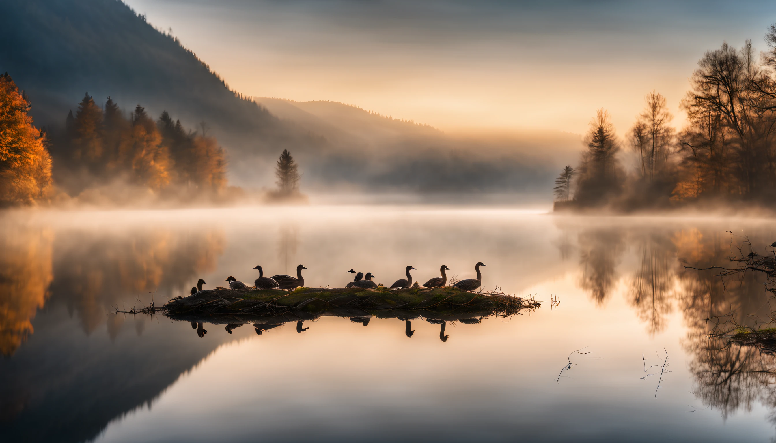 (best quality,4k,highres,masterpiece:1.2),ultra-detailed,realistic,beautiful landscape photography,mountain,lake,geese,heavy fog,morning,mist,cinematic,log,raw,landscape photography,vivid colors,physically-based rendering,fine art bokeh,professional,hdr lighting,long shadow,serene landscape,sunrise gradient,peaceful ambiance,tranquil view,blue water reflection,subtle contrast,silhouette,ethereal atmosphere,soft lighting,calm and quiet,layered peaks,serene lake,delicate mist swirling around mountains,hint of golden morning light,crisp details on every leaf of the trees,geese gracefully gliding across the lake,moody and mysterious vibe,raw and unfiltered beauty of nature,perfect harmony between elements,visually stunning composition,stunning depth and clarity,awe-inspiring natural beauty,majestic scenery unfolding before your eyes.
