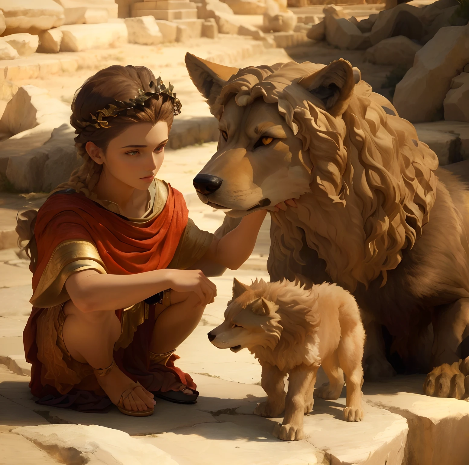 2 Arafed boy stroking a she-wolf, Greek Myth Digital Painting, Lola louve comme dieu grec, by John La Gatta, Daniel, Leah she-wolf like a god, Artemis, inspired by Jean-Léon Gérôme, par Joop Sanders, 3D CG, 3 D CG, Rendu artistique