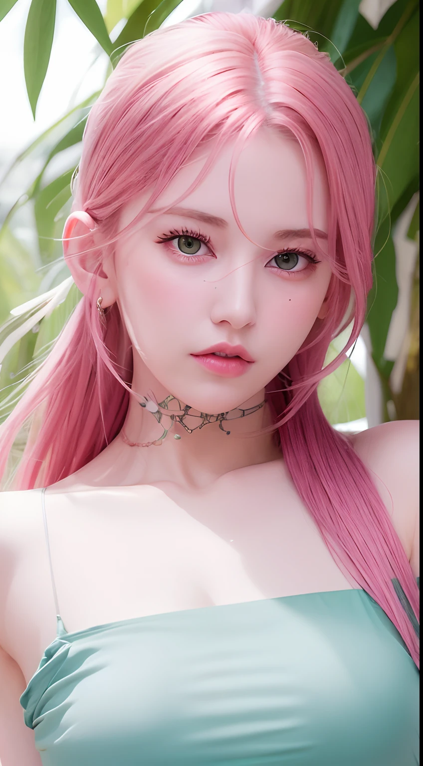 best quality, ultra high res, (photorealistic:1.4), (detailed beautiful girl:1.4), (medium breasts:0.8), looking_at_viewer, Detailed facial details, beautiful detailed eyes,pink hair, green eyes, slender, haunting smile, (makeup:0.3), red lips, highly detailed clothes, (ulzzang-6500-v1.1:0.3)