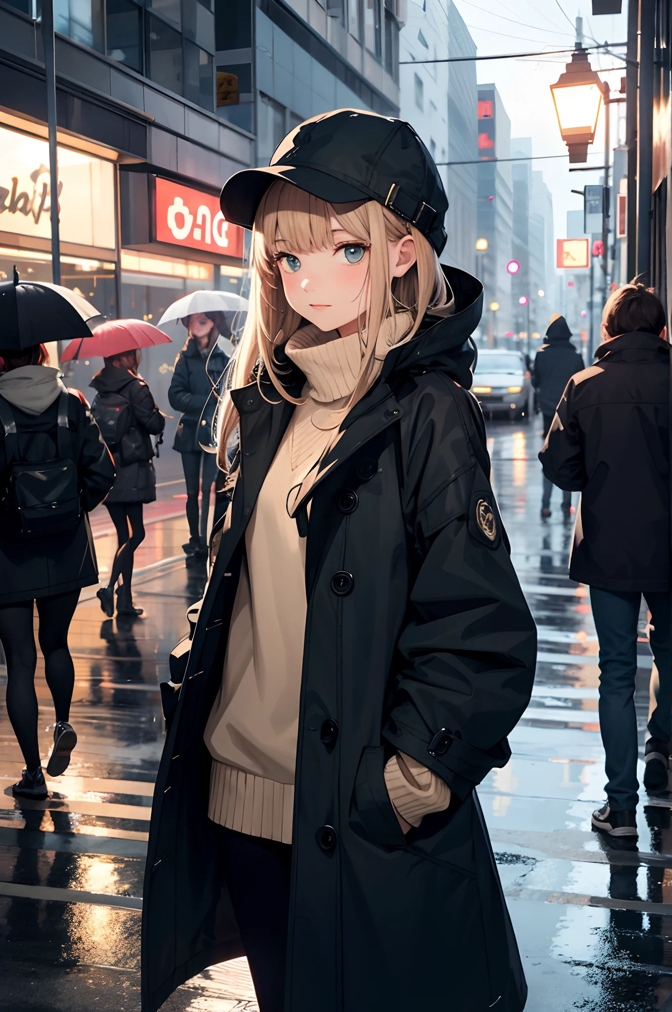 1girl, Night City, rain, coat, hands in pockets